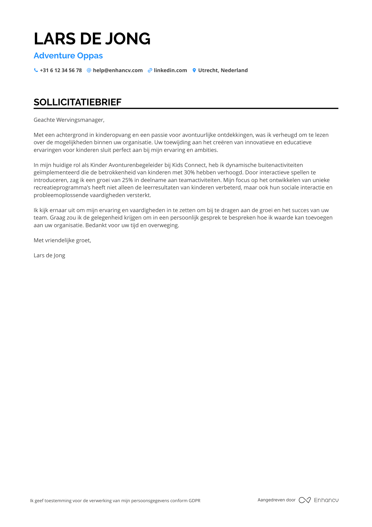 Sollicitatiebrief voor Adventure Oppas