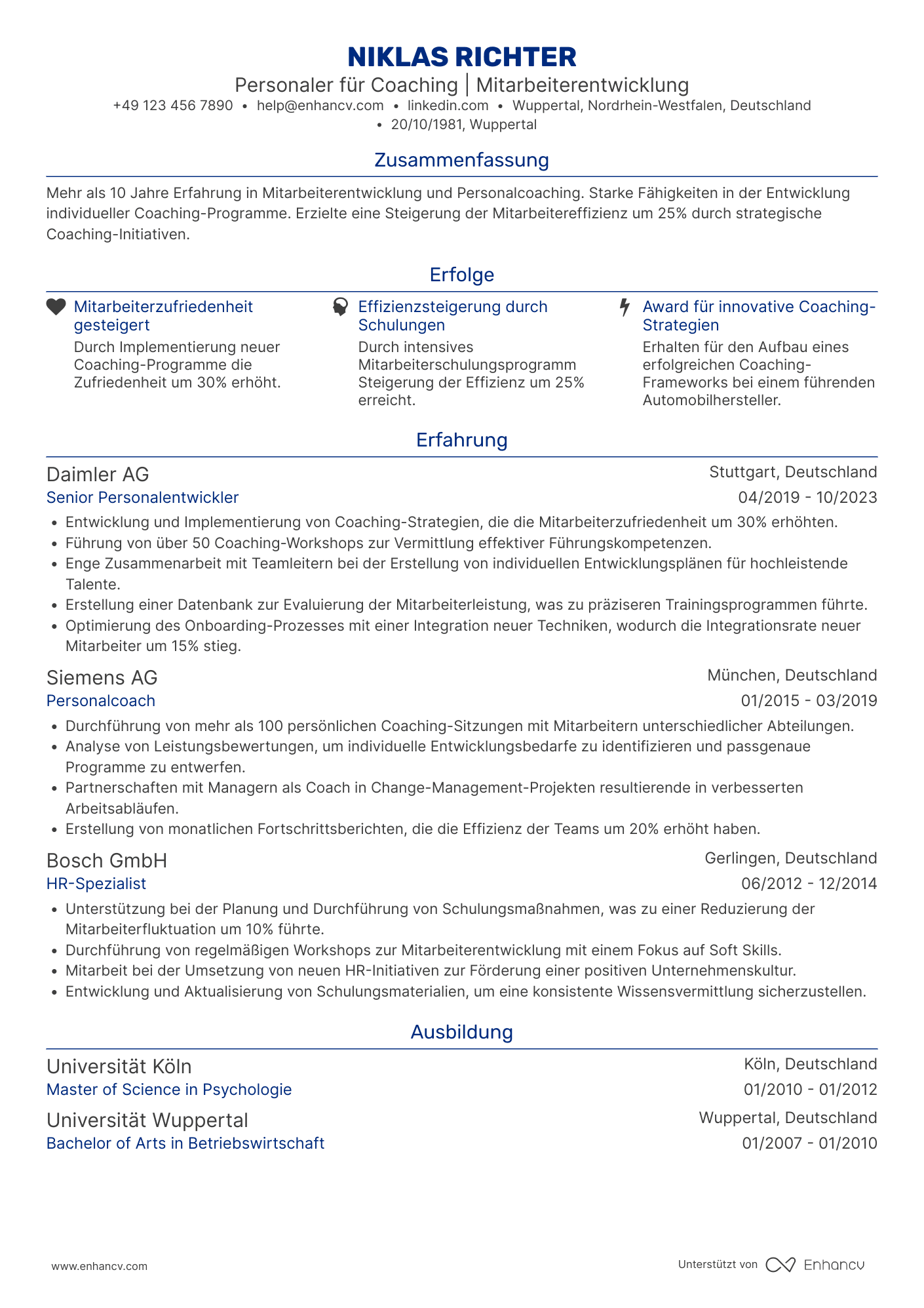 Lebenslauf als Personaler für Personalcoaching