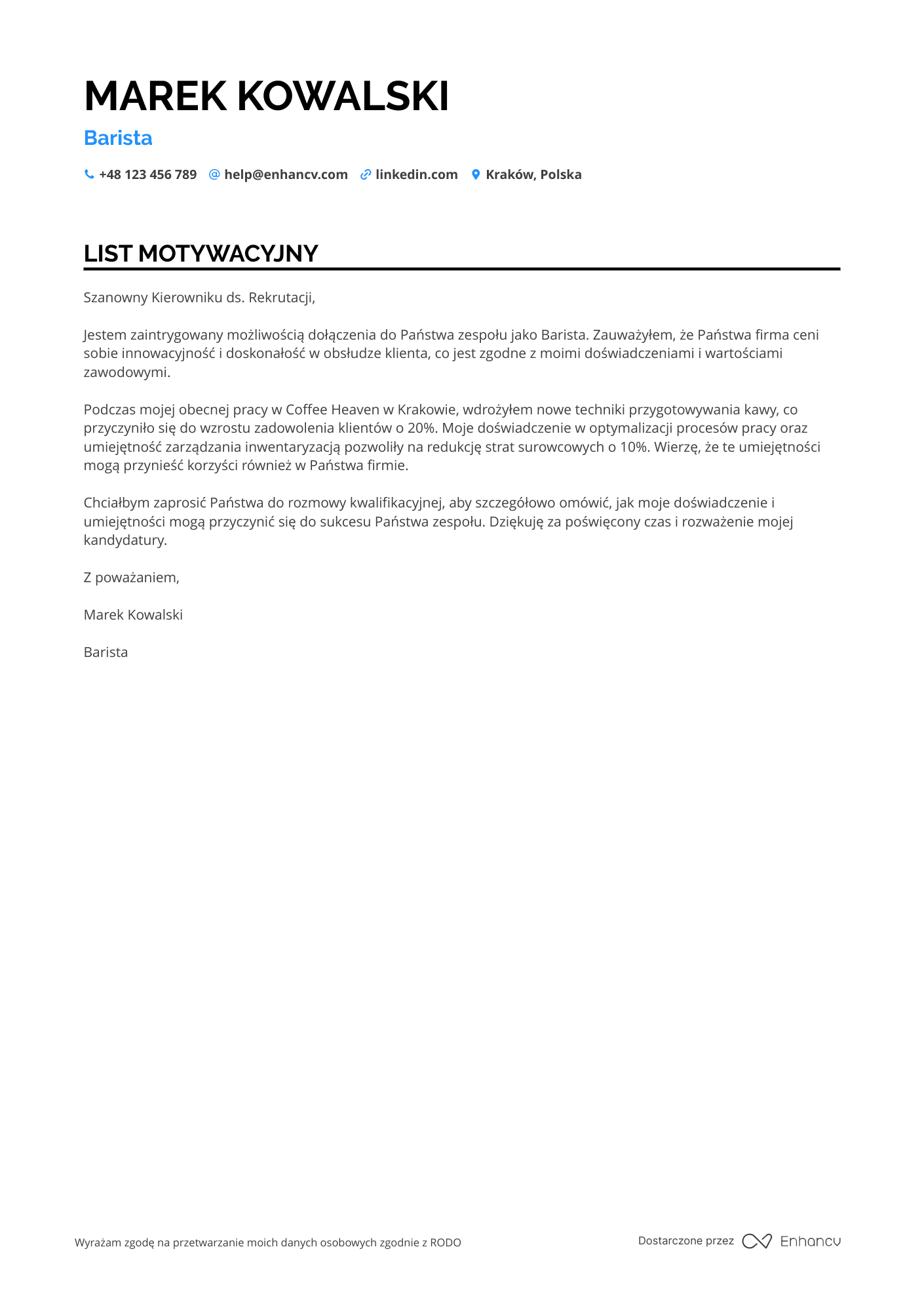 List motywacyjny dla Restaurant Barista