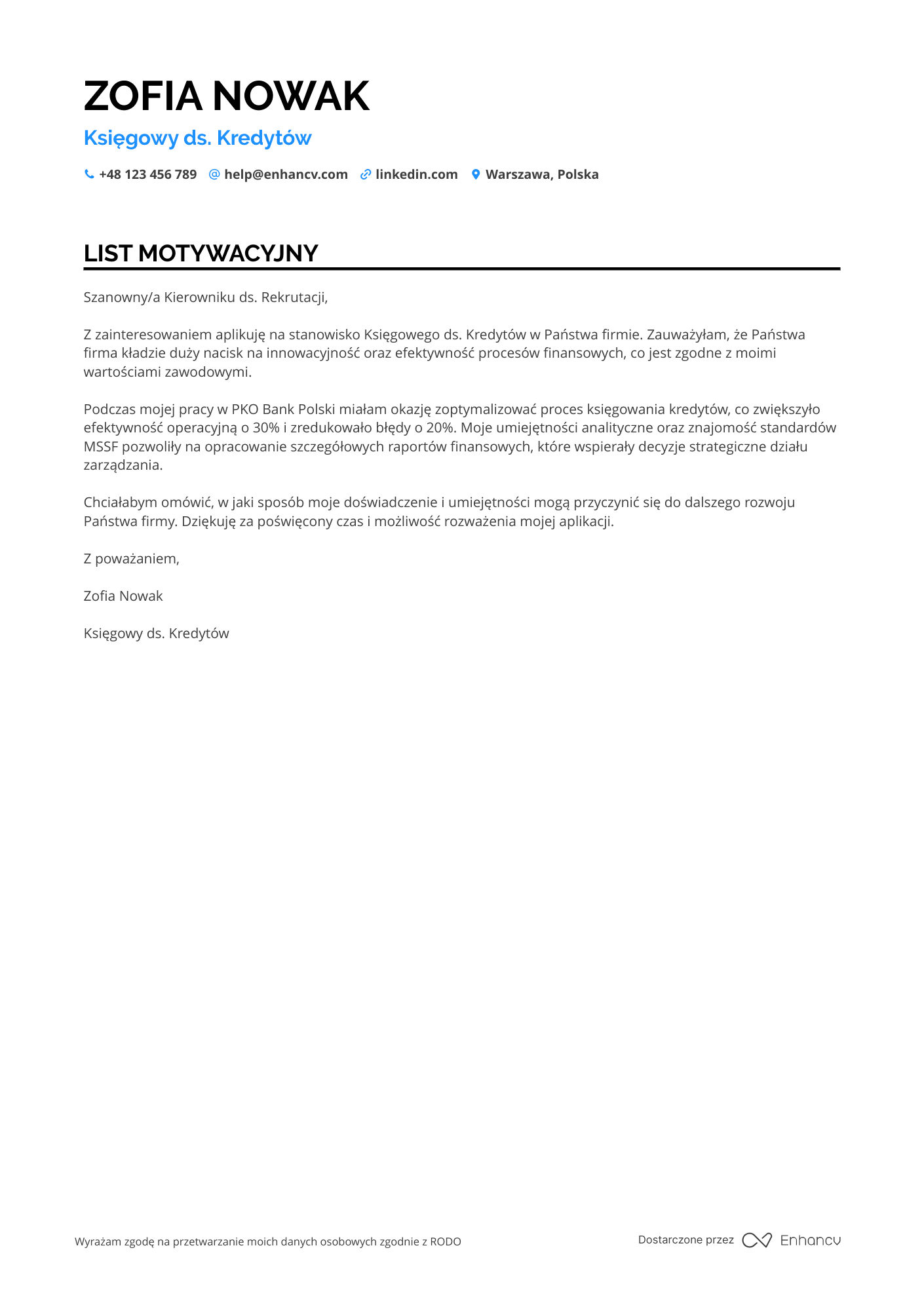 List motywacyjny dla Księgowy ds. kredytów