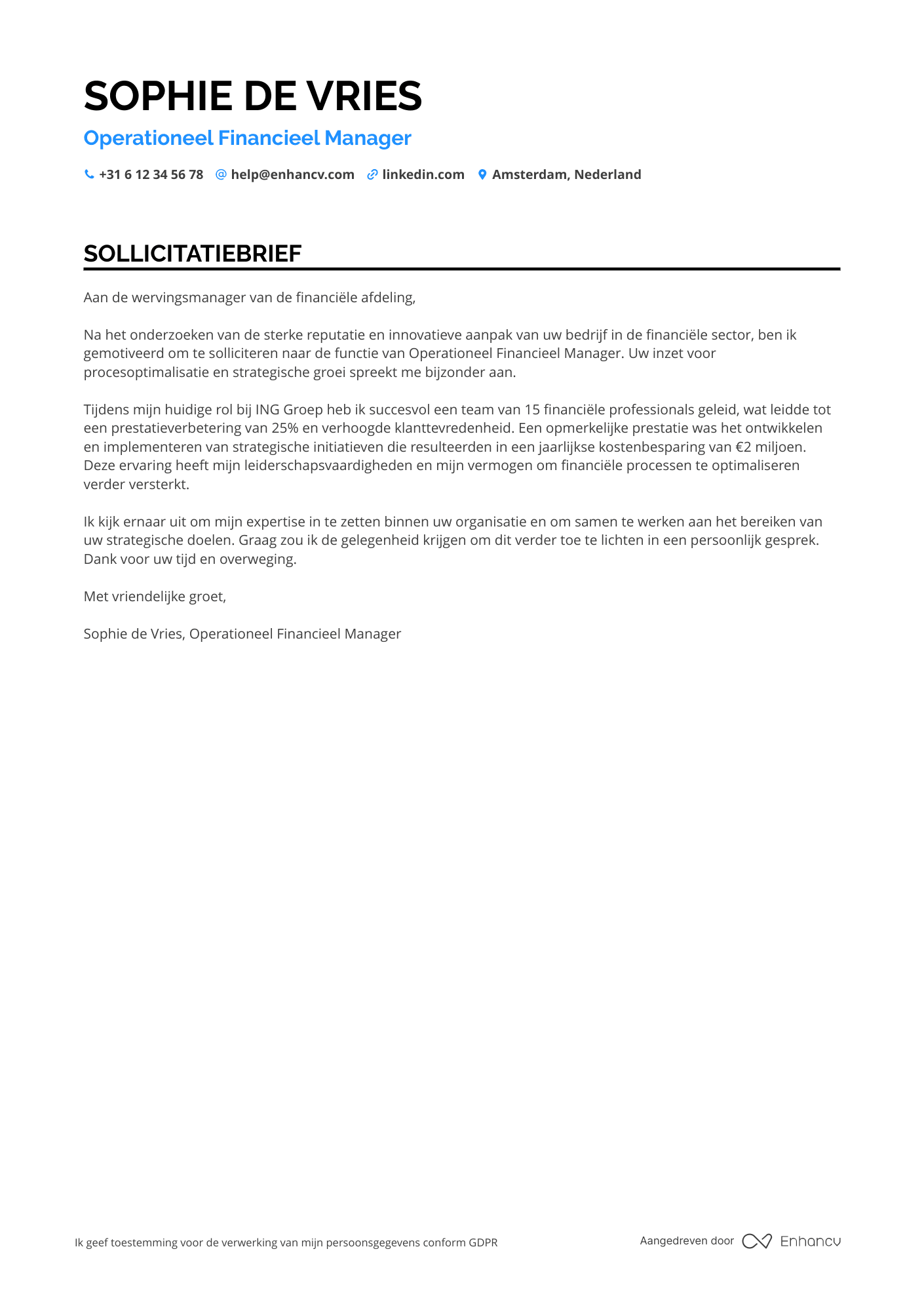 Sollicitatiebrief voor Operationeel Manager Financiën