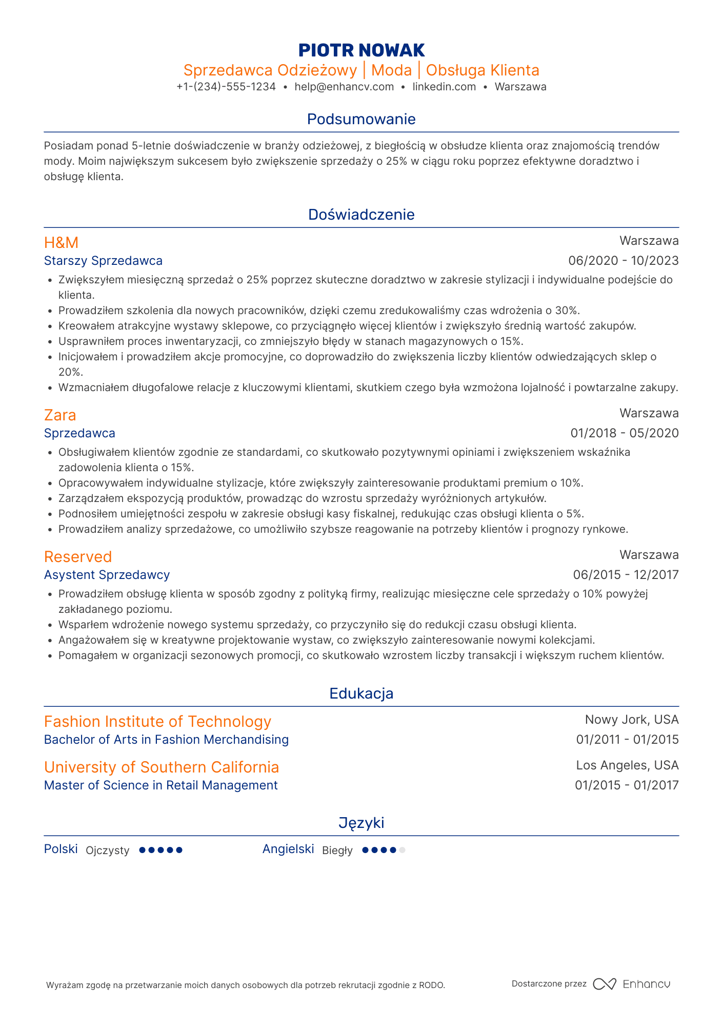 CV dla Sprzedawca Odzieżowy