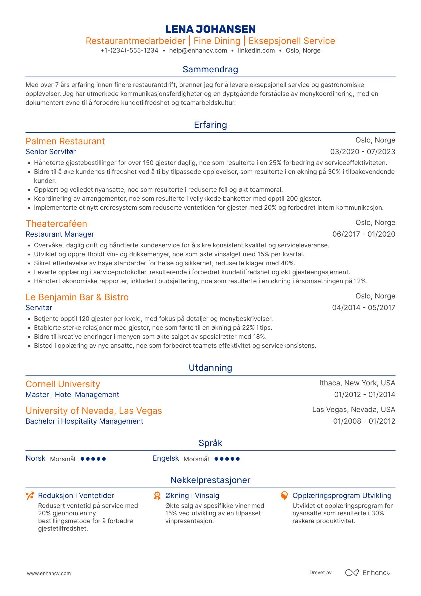 CV for Restaurantmedarbeider Fine Dining