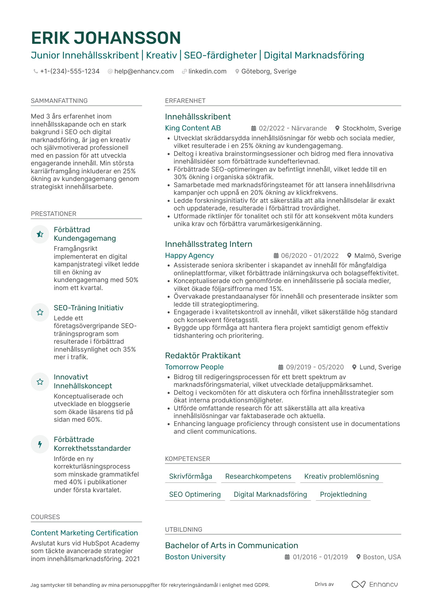 CV för Junior Innehållsskribent