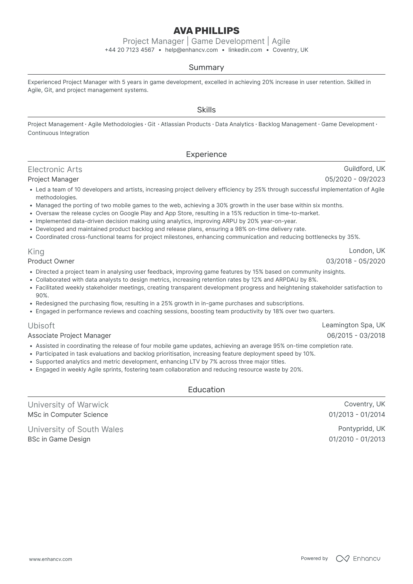 Game Developer Project Manager CV Examples