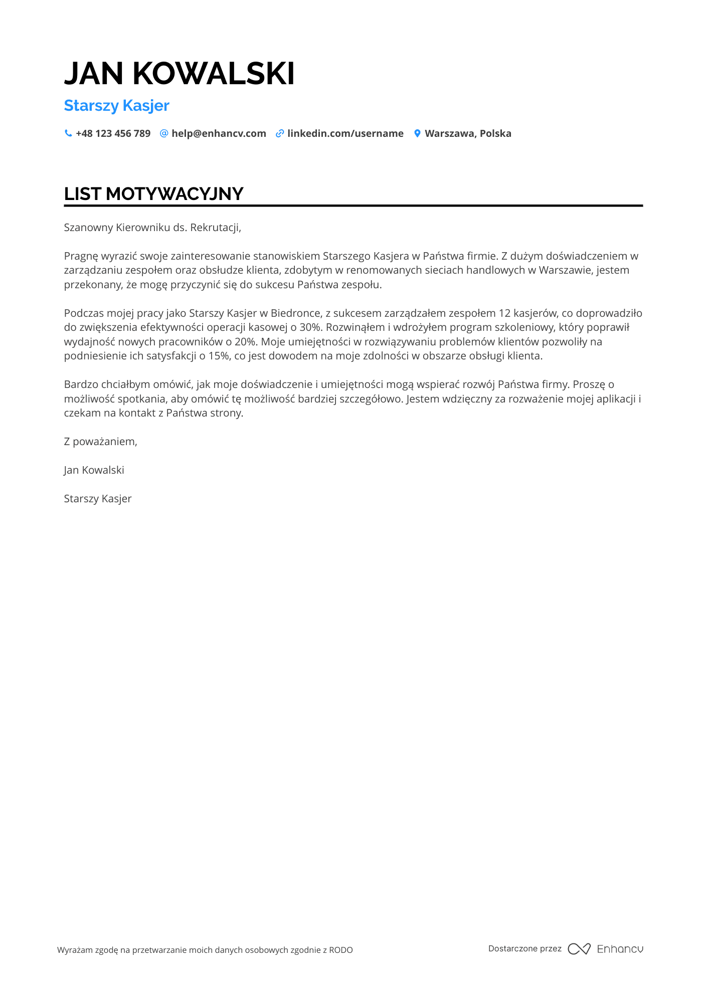 List motywacyjny dla Starszy Kasjer