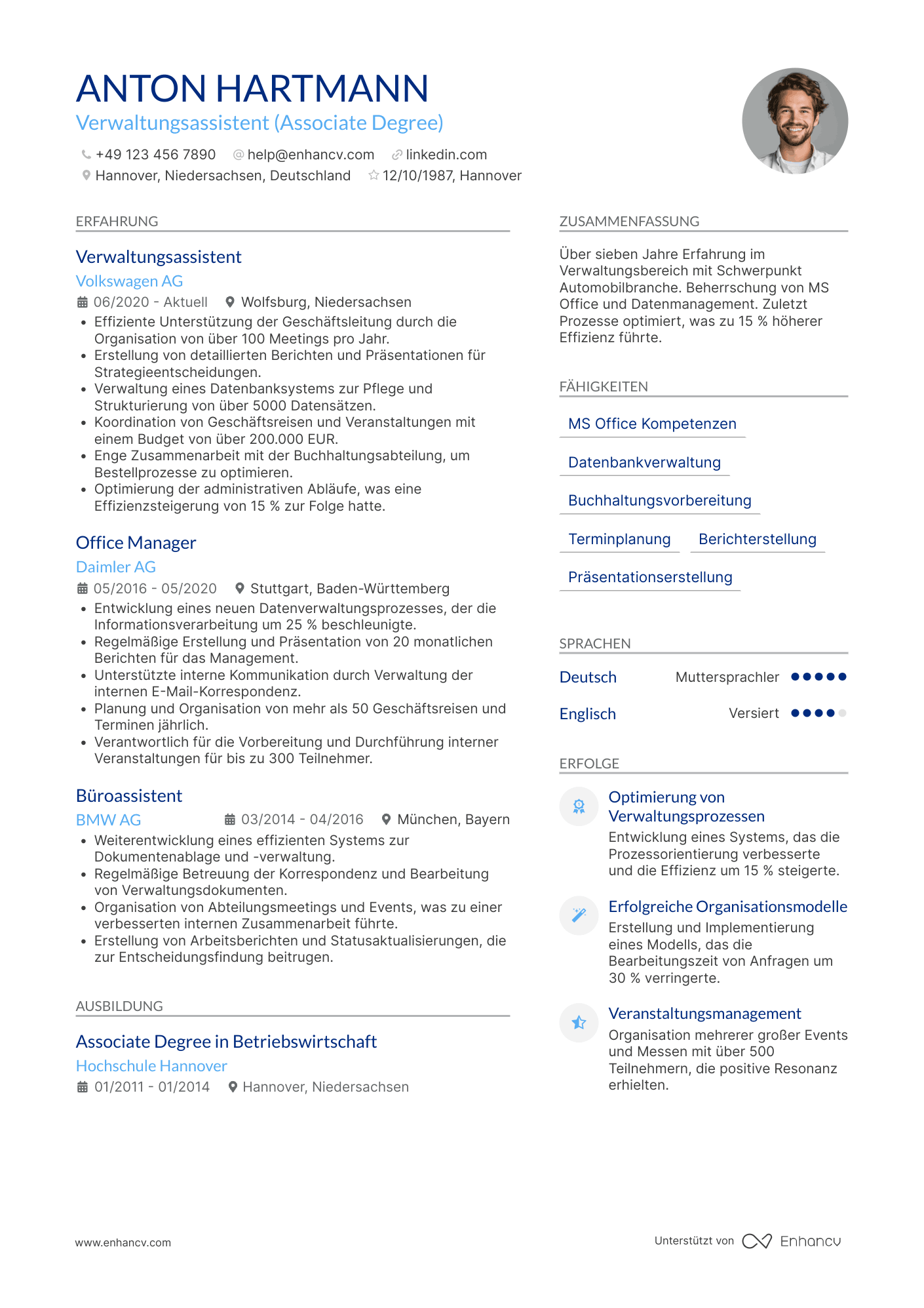 Lebenslauf in Verwaltungsassistent in der Automobilindustrie