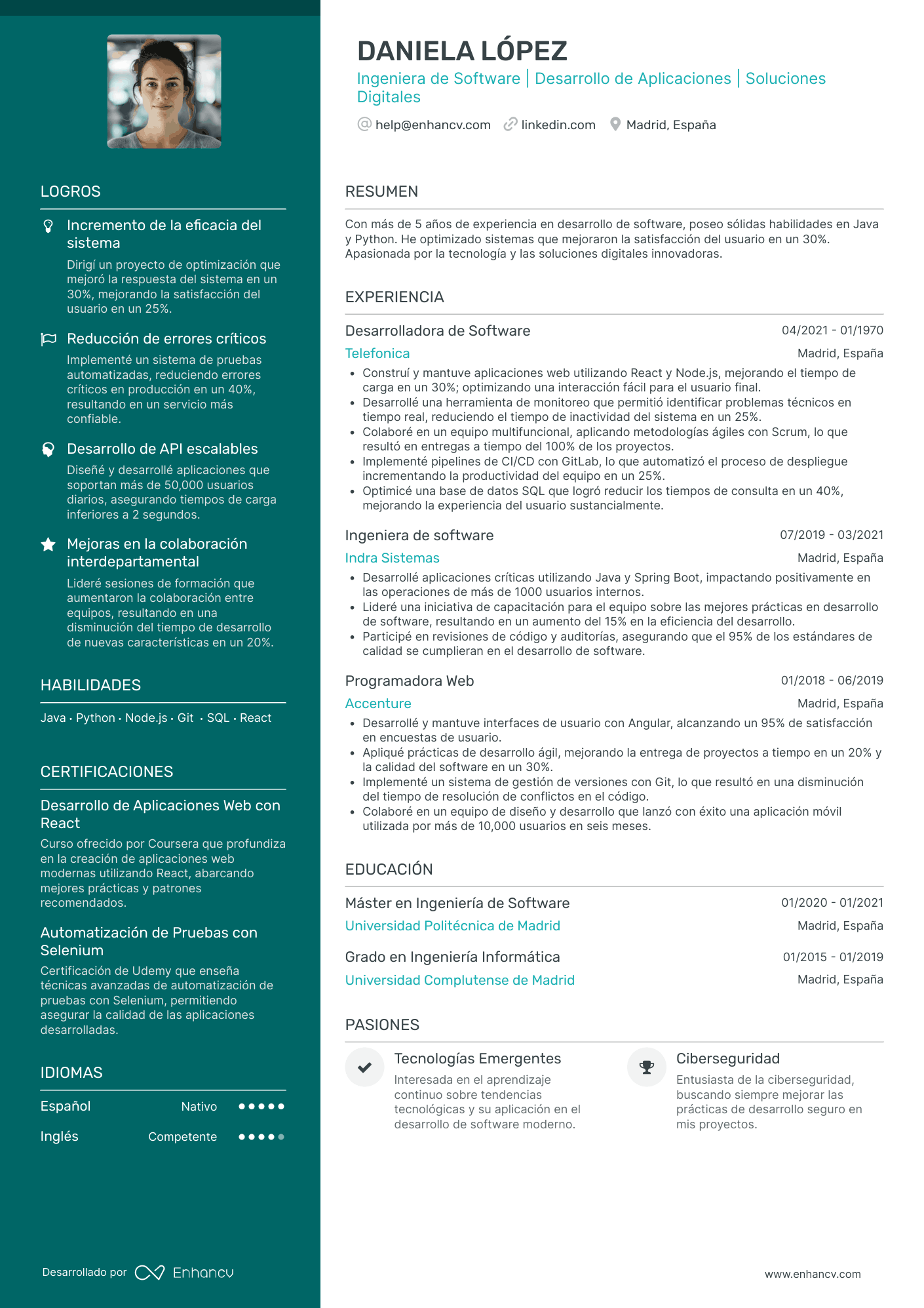 Ingeniero de Software o Informático Ejemplos de CV