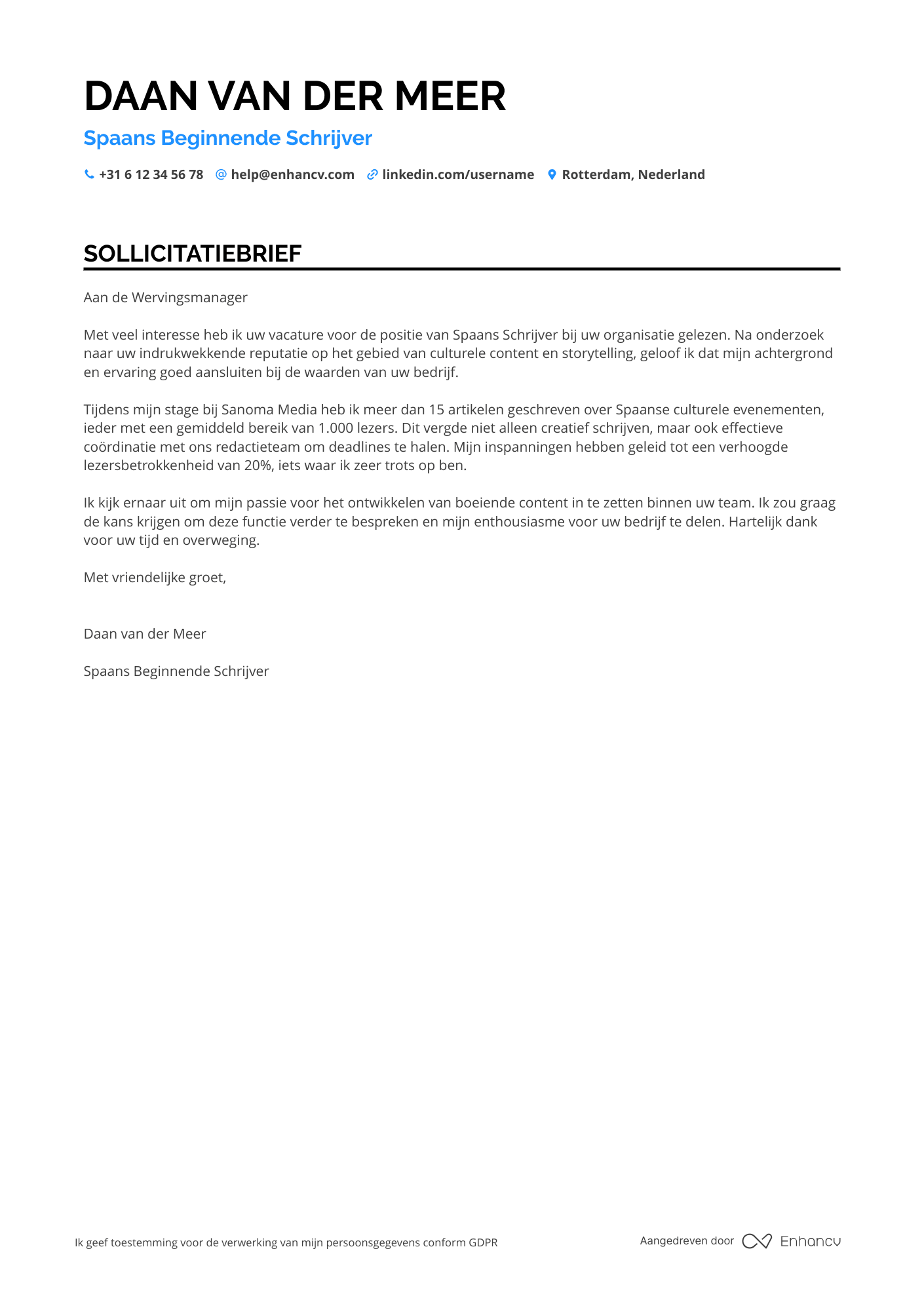 Sollicitatiebrief voor Spaans Beginnende Schrijver