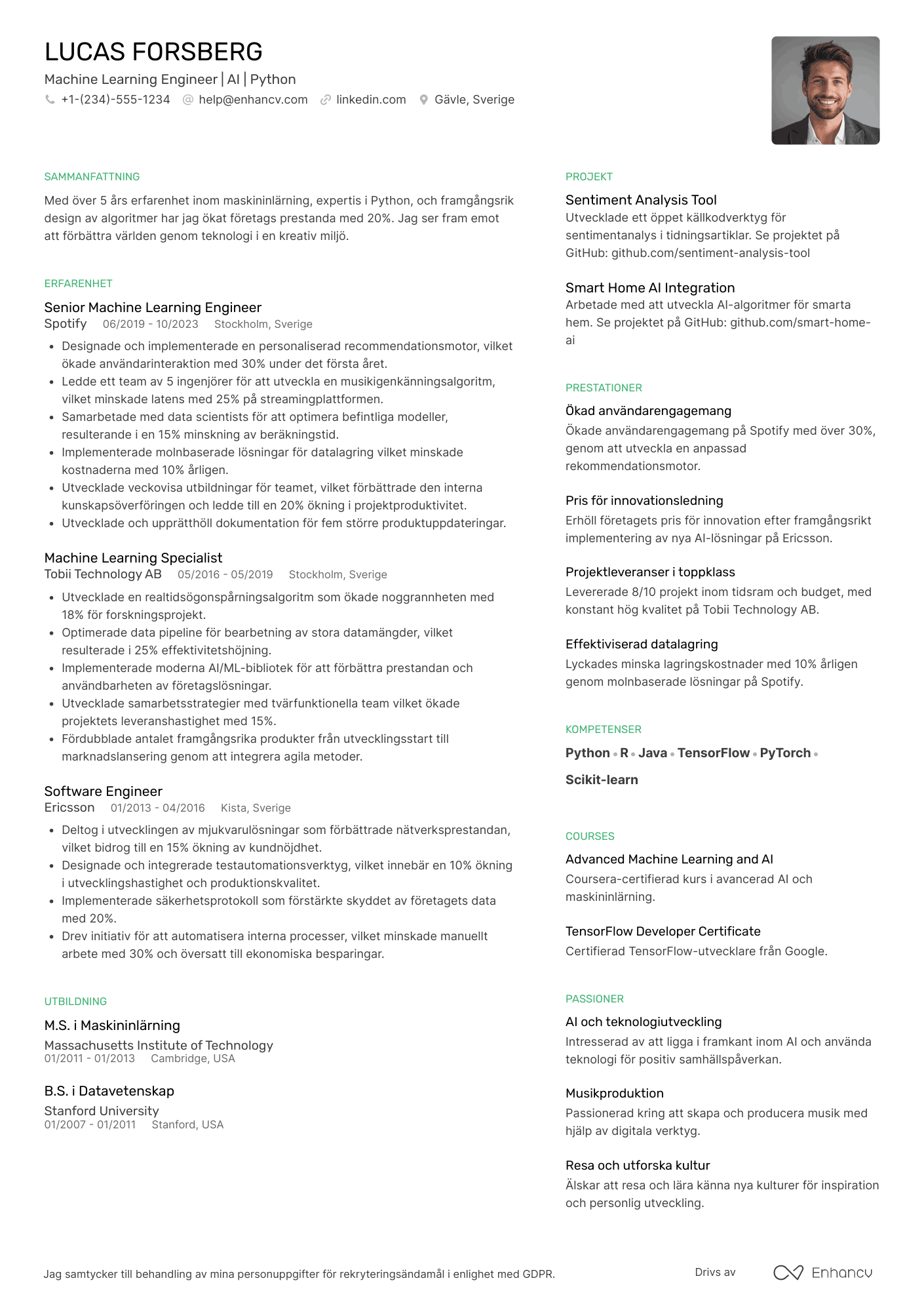CV för Machine Learning Programvaruingenjör