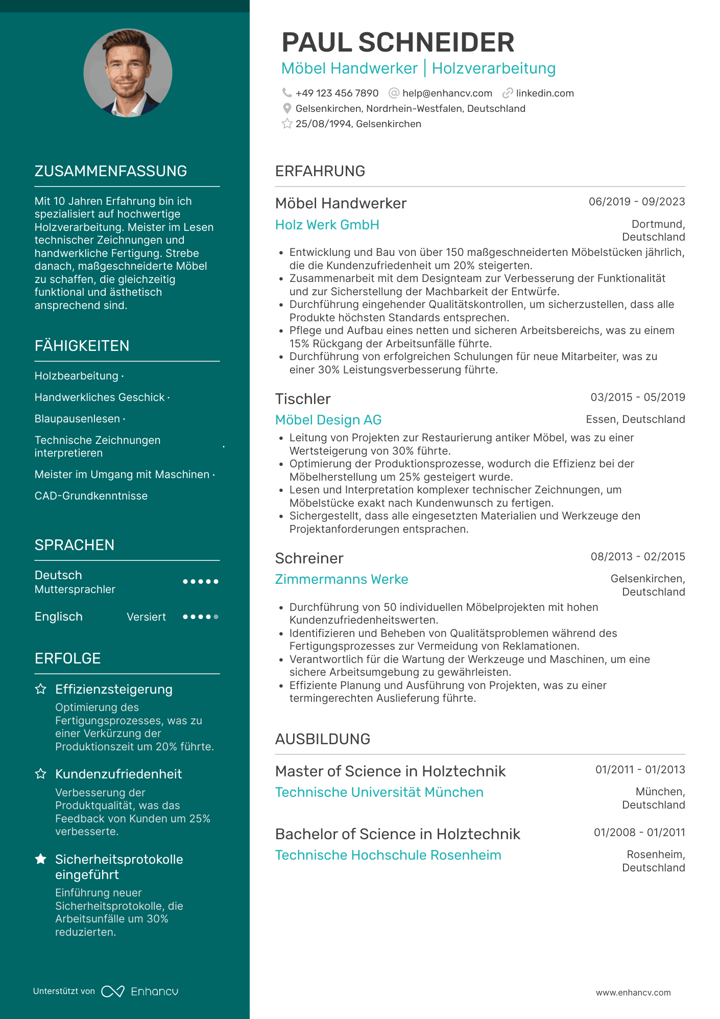 Lebenslauf als Möbel Handwerker