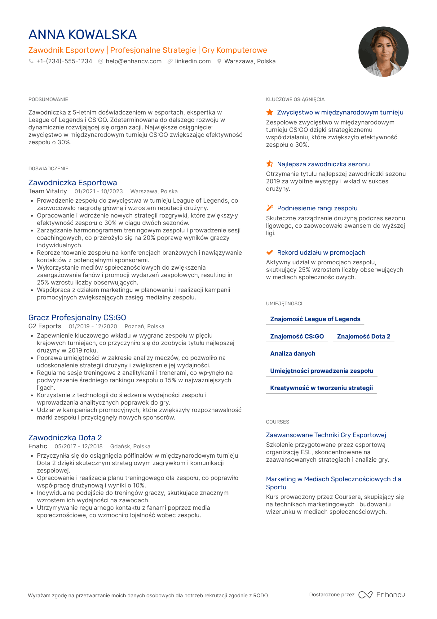 CV dla Zawodnik Esportowy