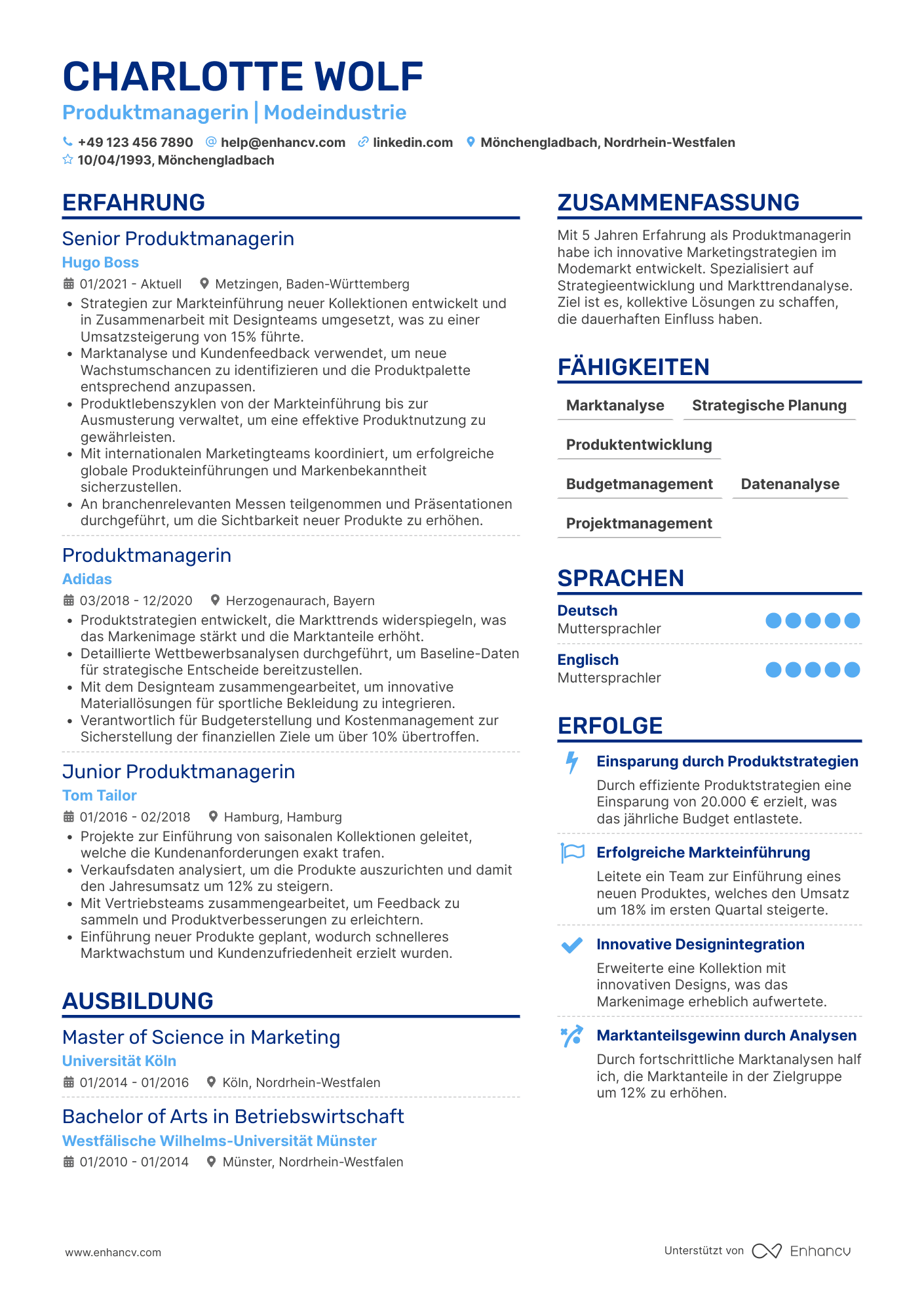Lebenslauf in Produktmanager in der Modeindustrie