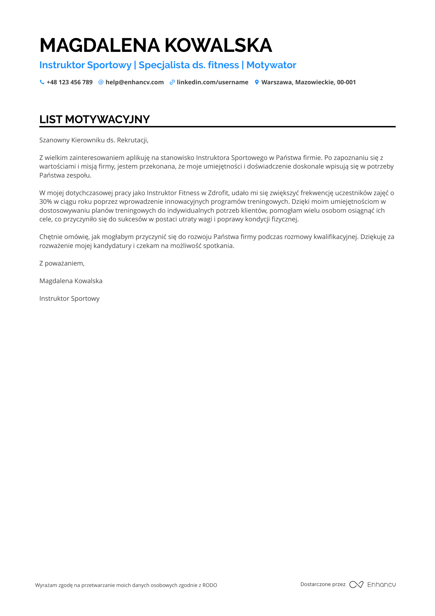 List motywacyjny dla Instruktor Sportowy