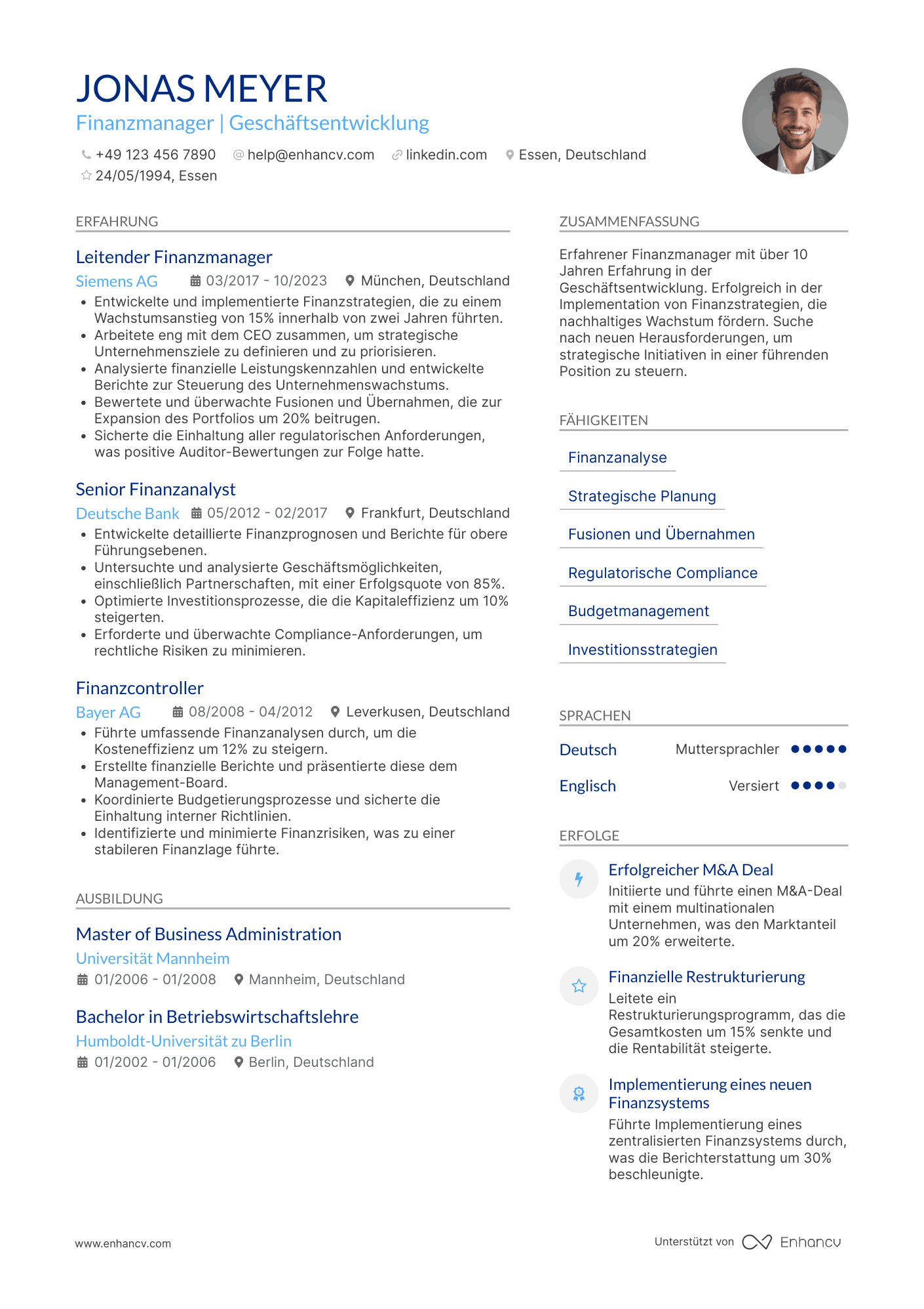Lebenslauf als Finanzvorstand für Geschäftsentwicklung