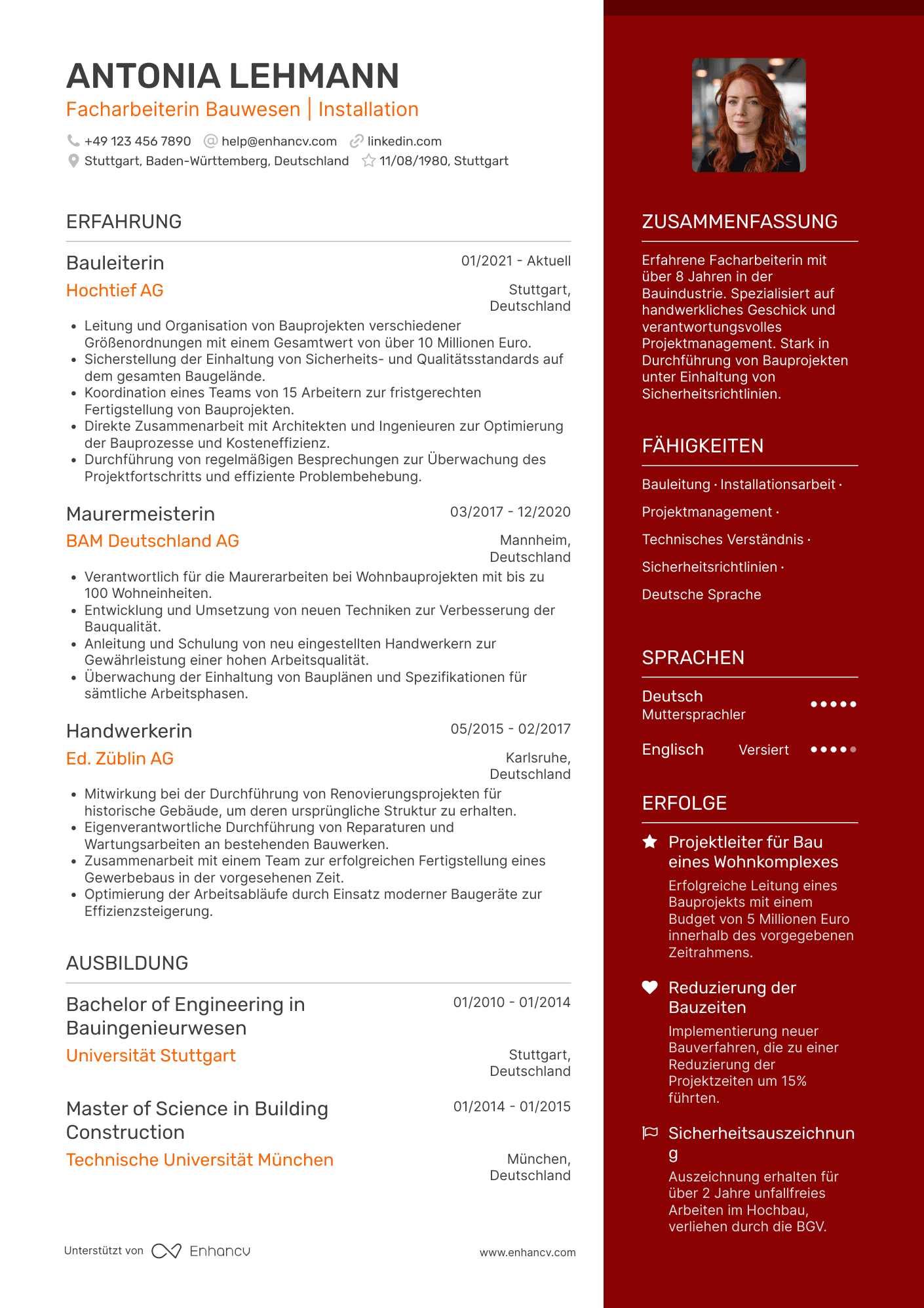 Lebenslauf in Handwerker in der Bauindustrie