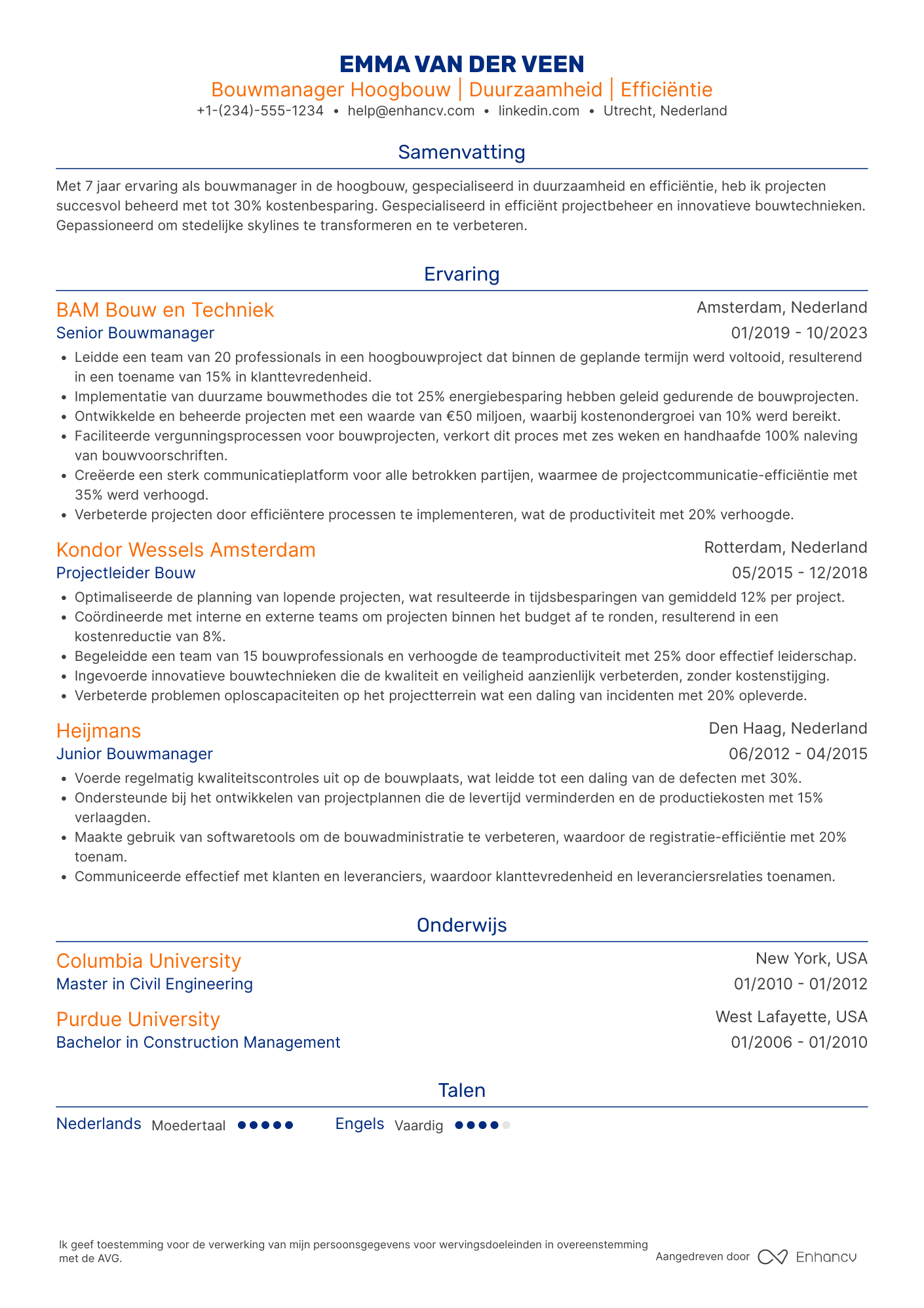 CV voor Bouwmanager van hoogbouw