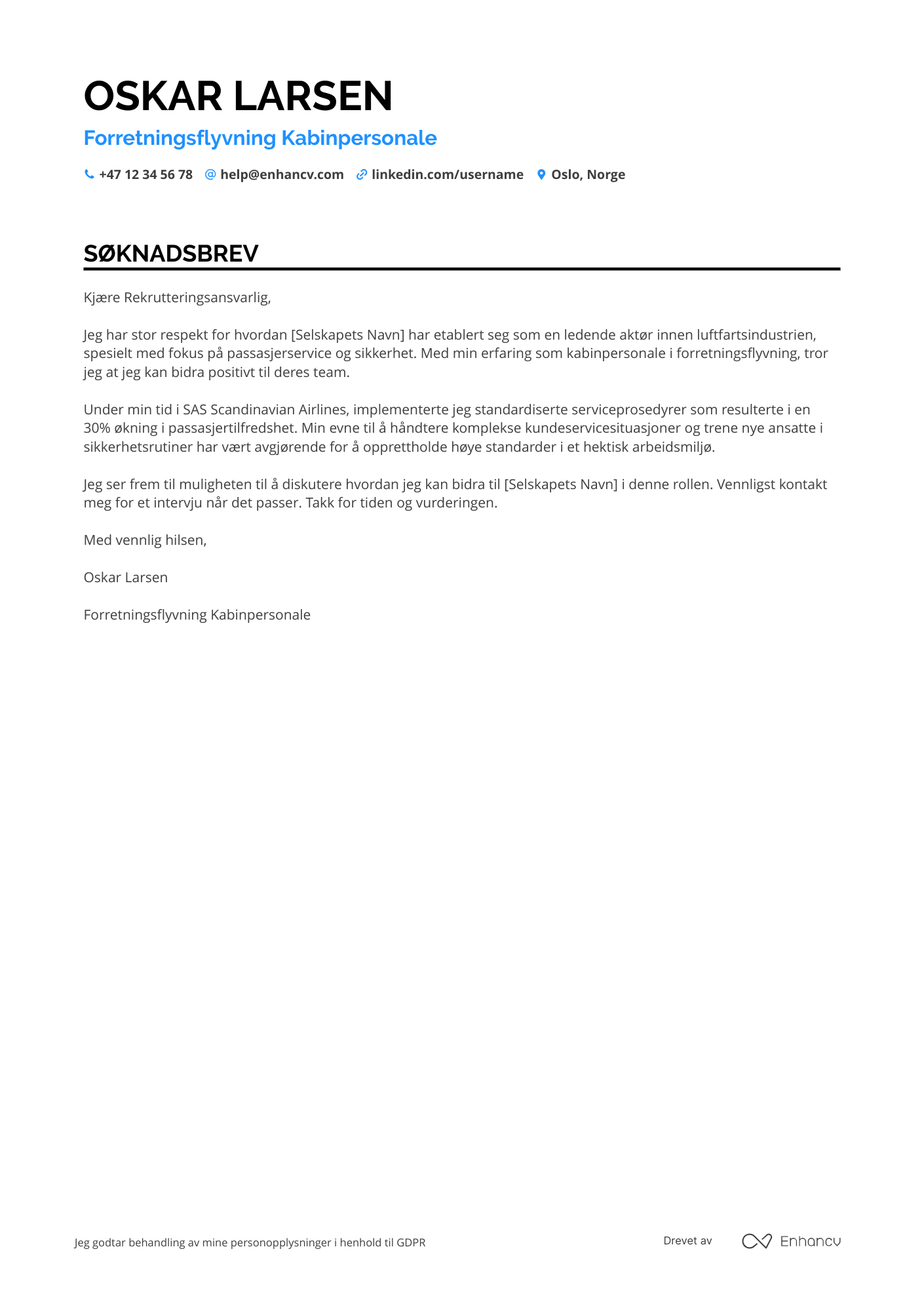 Søknadsbrev for Forretningsflyvning Kabinpersonale