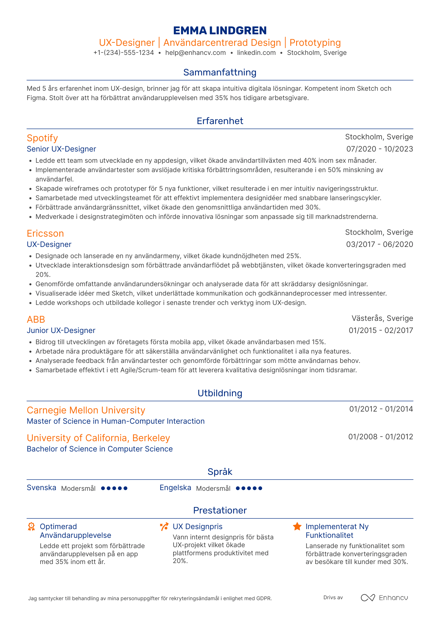 CV för UX design för informationsteknologi