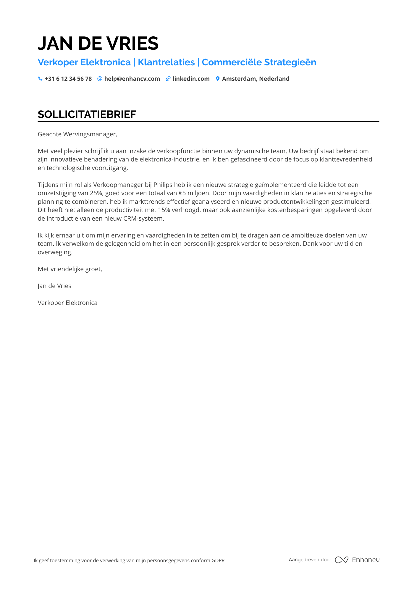 Sollicitatiebrief voor Verkoper elektronica groothandel