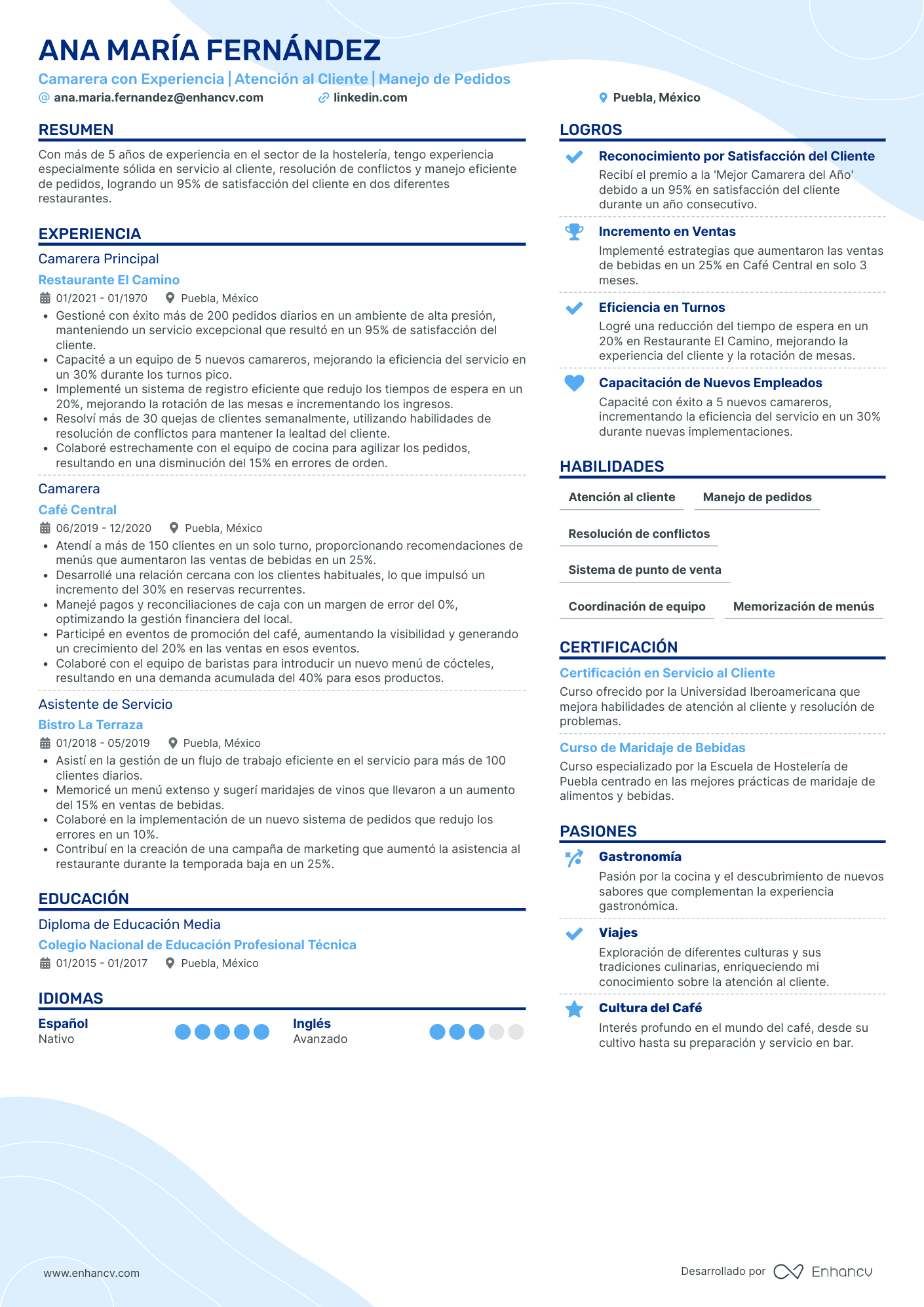 Camarero con Experiencia Ejemplos de CV