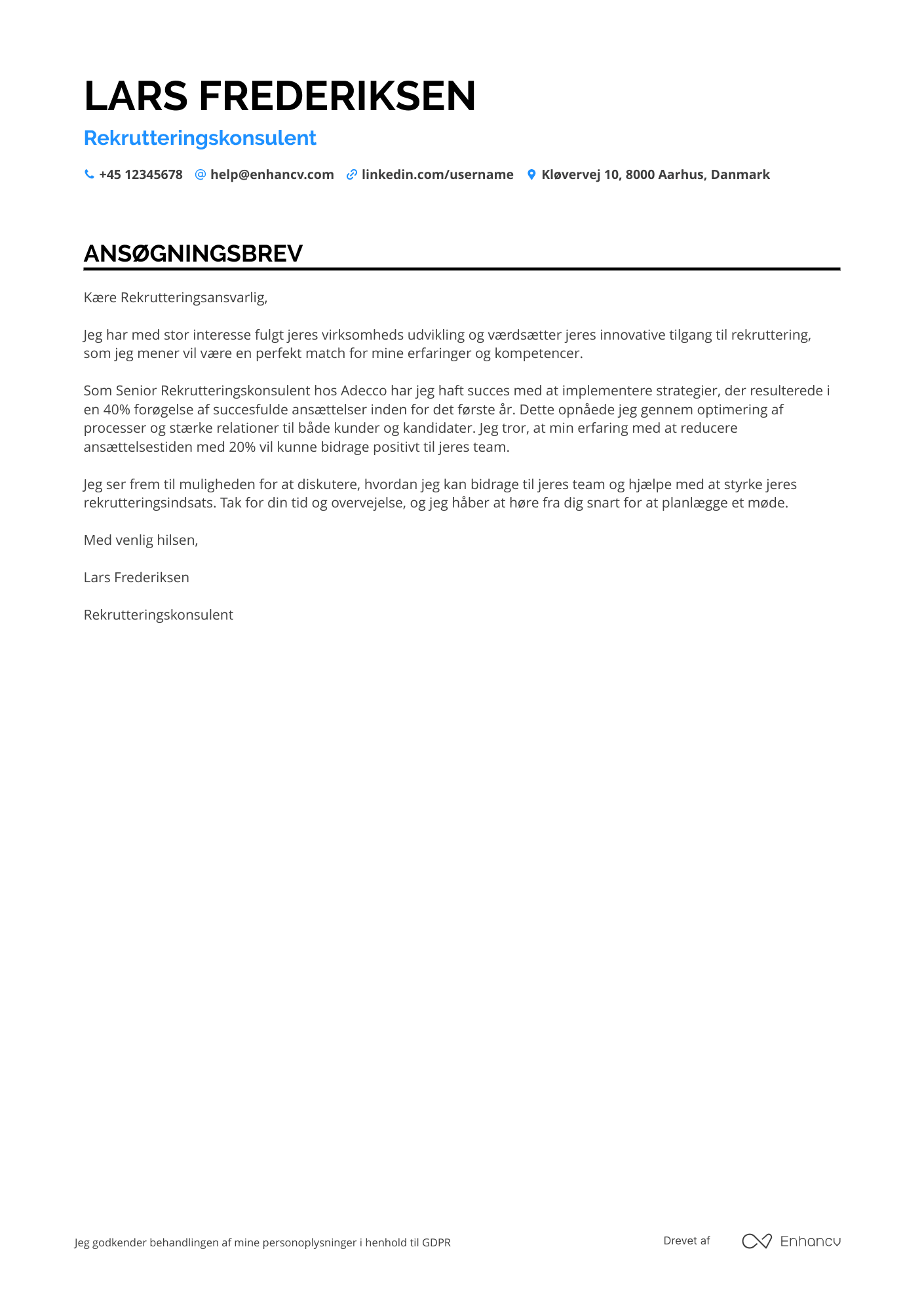 Ansøgningsbrev til Rekrutteringskonsulent