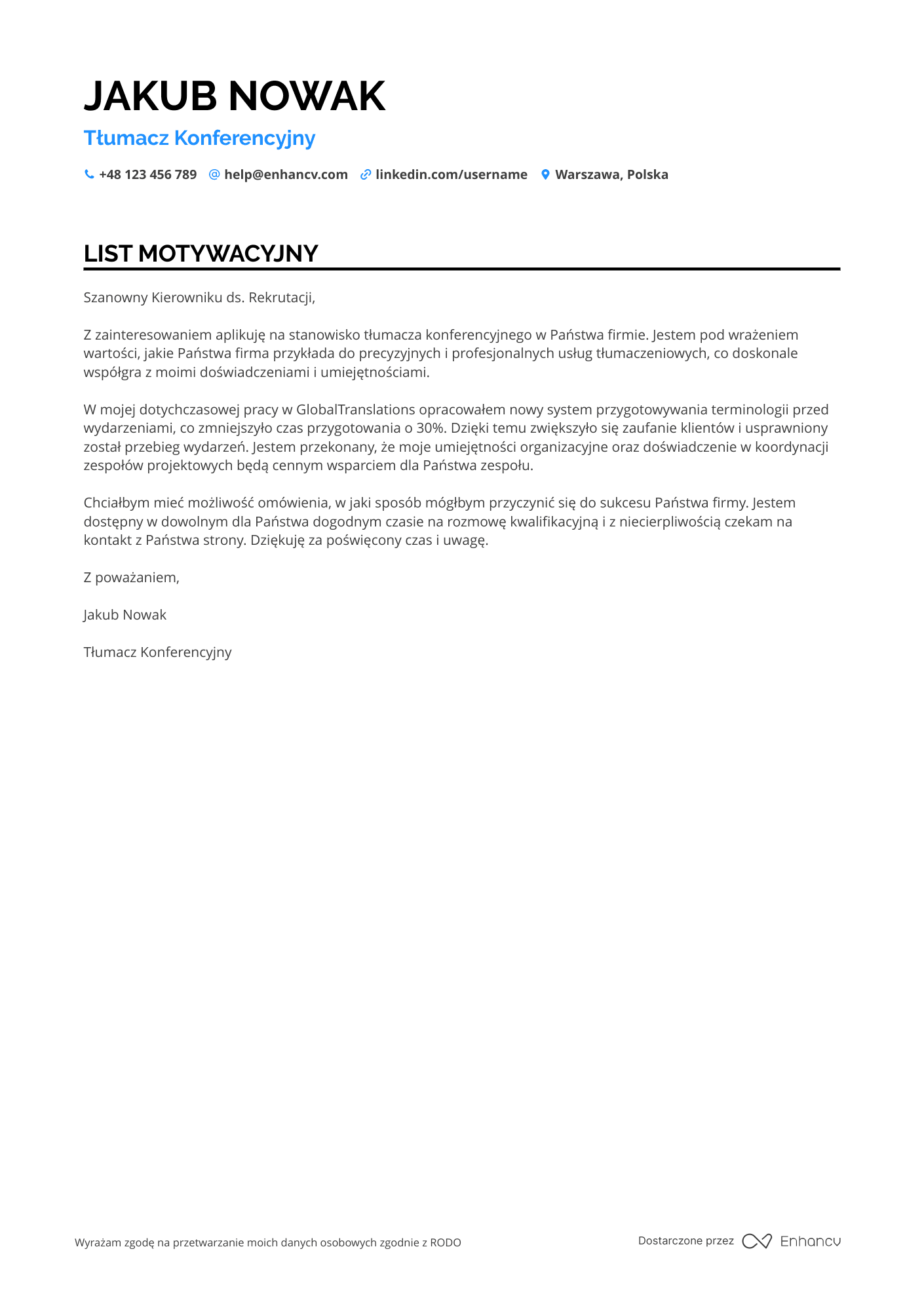 List motywacyjny dla Tłumacz Konferencyjny