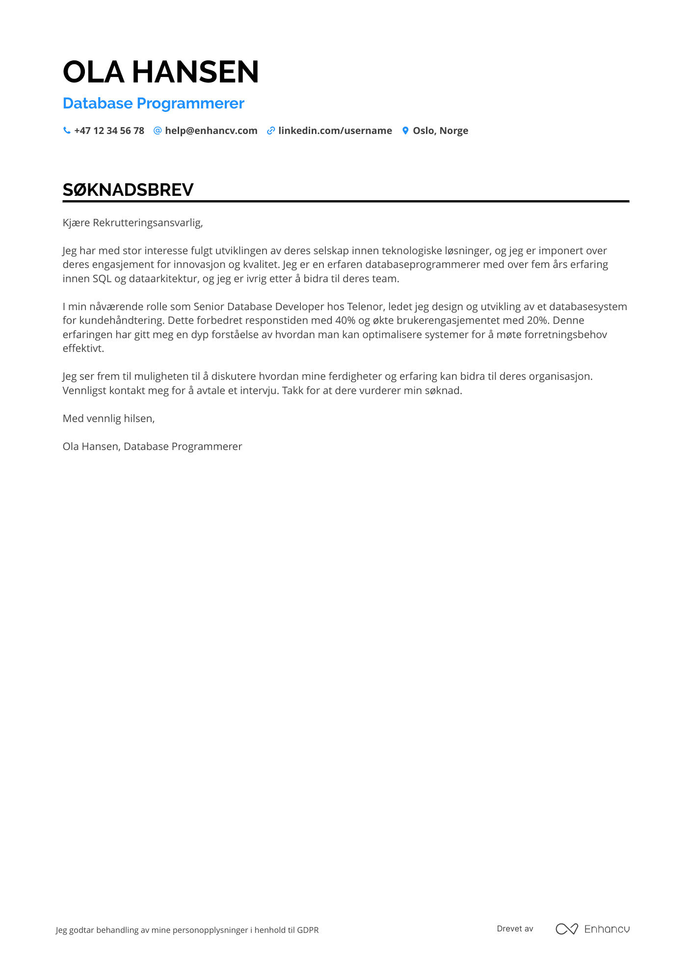 Søknadsbrev for Database Programmerer