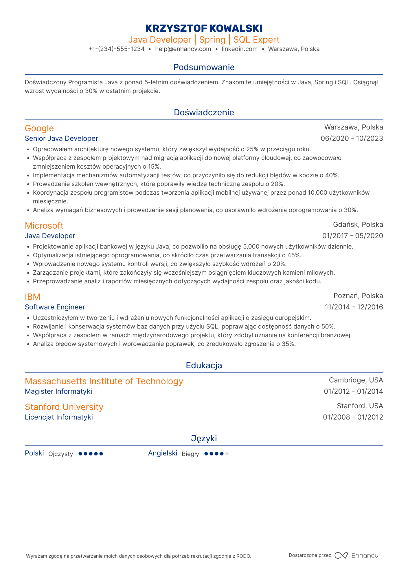 CV dla Programista Java