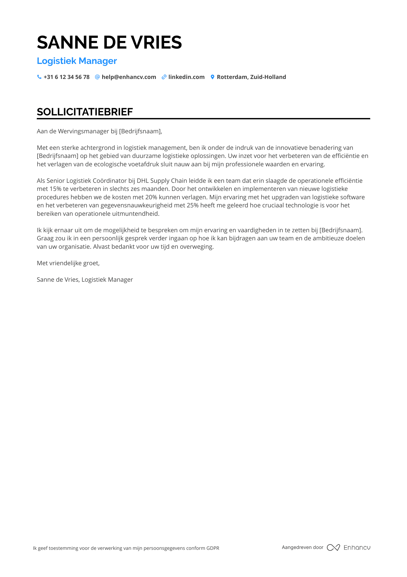 Sollicitatiebrief voor Logistiek Manager Transport