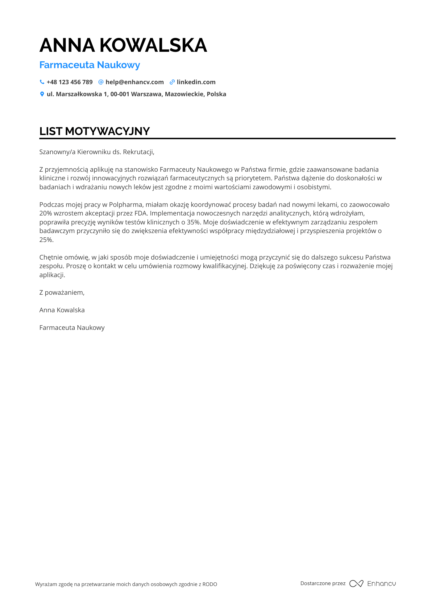 List motywacyjny dla Farmaceuta Naukowy
