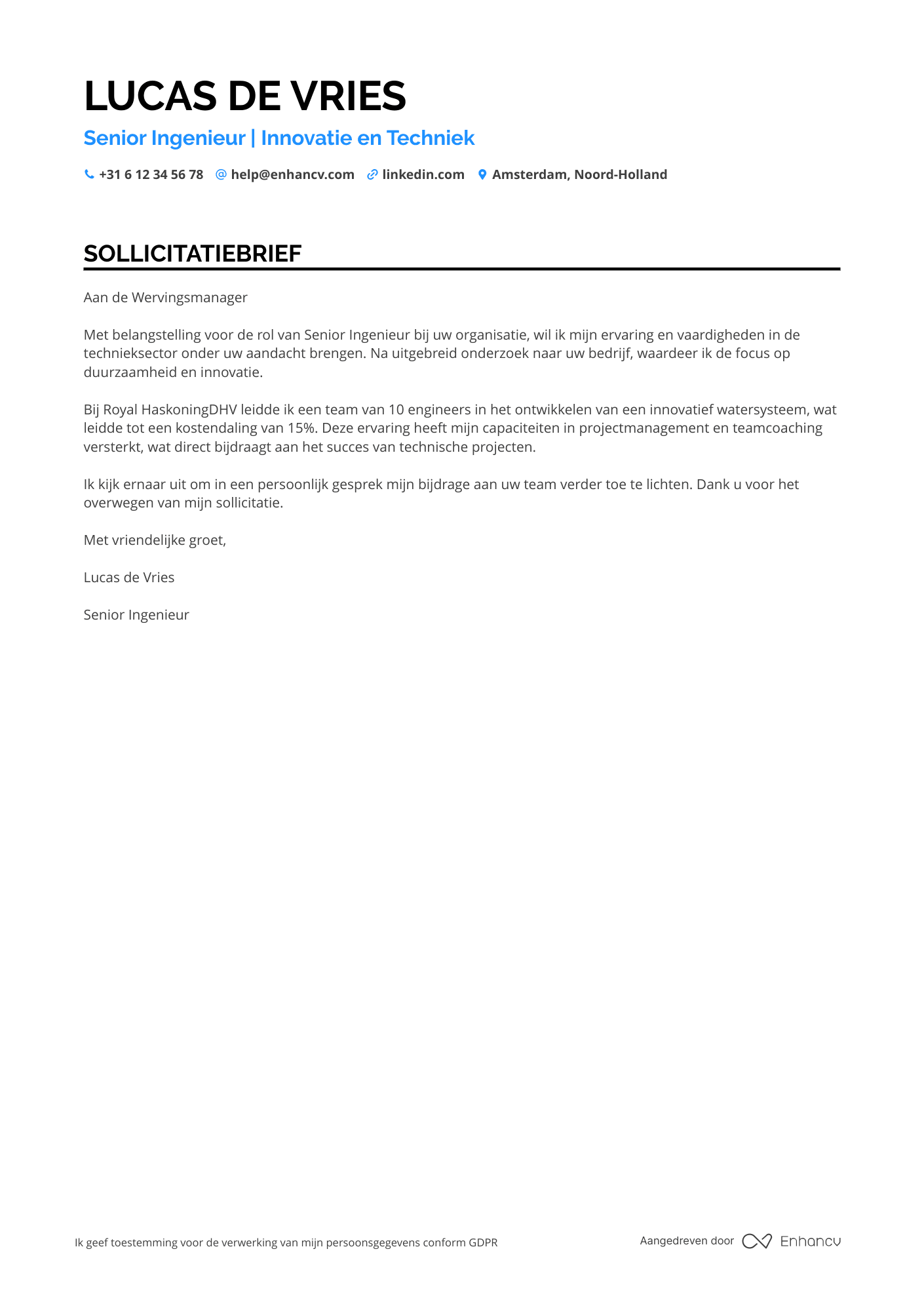 Sollicitatiebrief voor Senior ingenieur