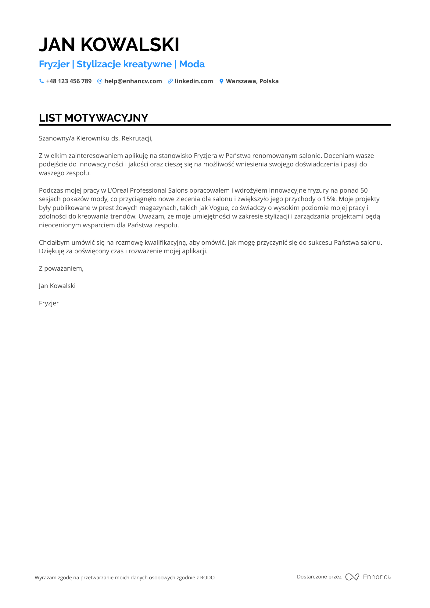 List motywacyjny dla Fryzjer w Branży Mody