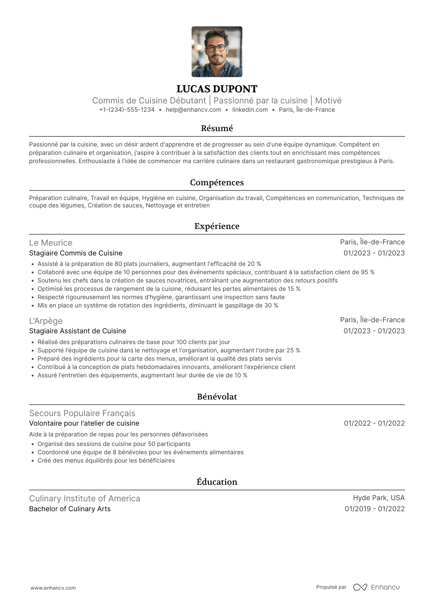 CV de commis de cuisine débutant