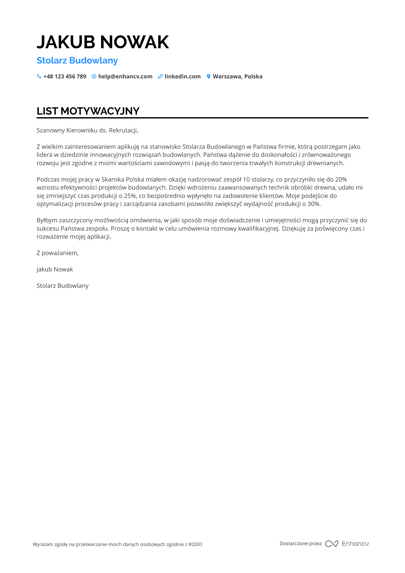 List motywacyjny dla Stolarz Budowlany