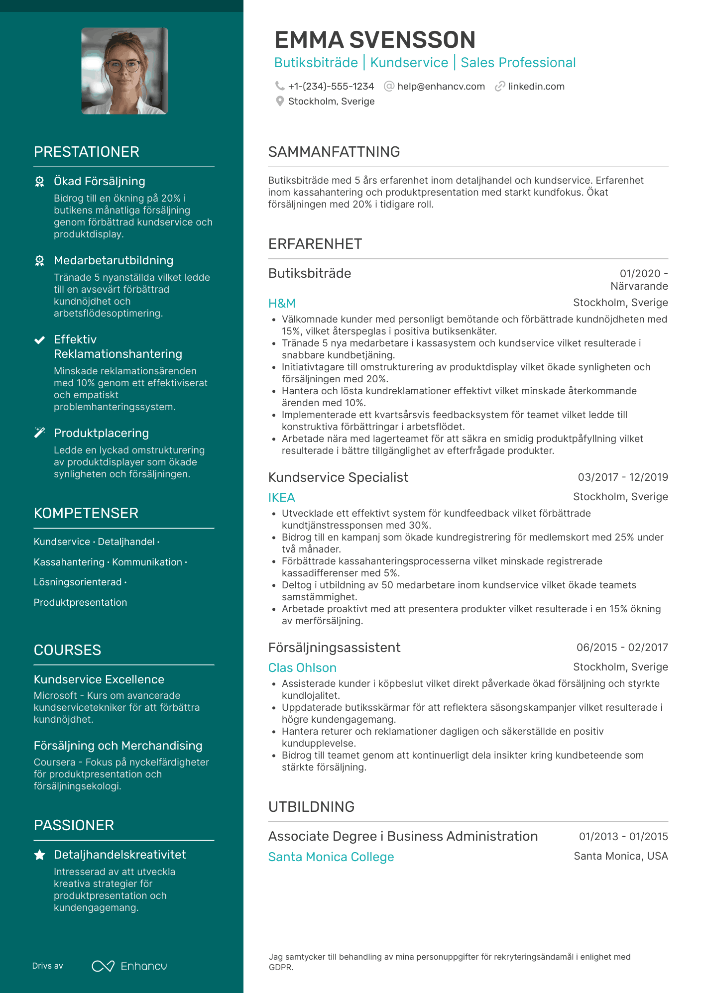 CV för Butiksbiträde Kundservice