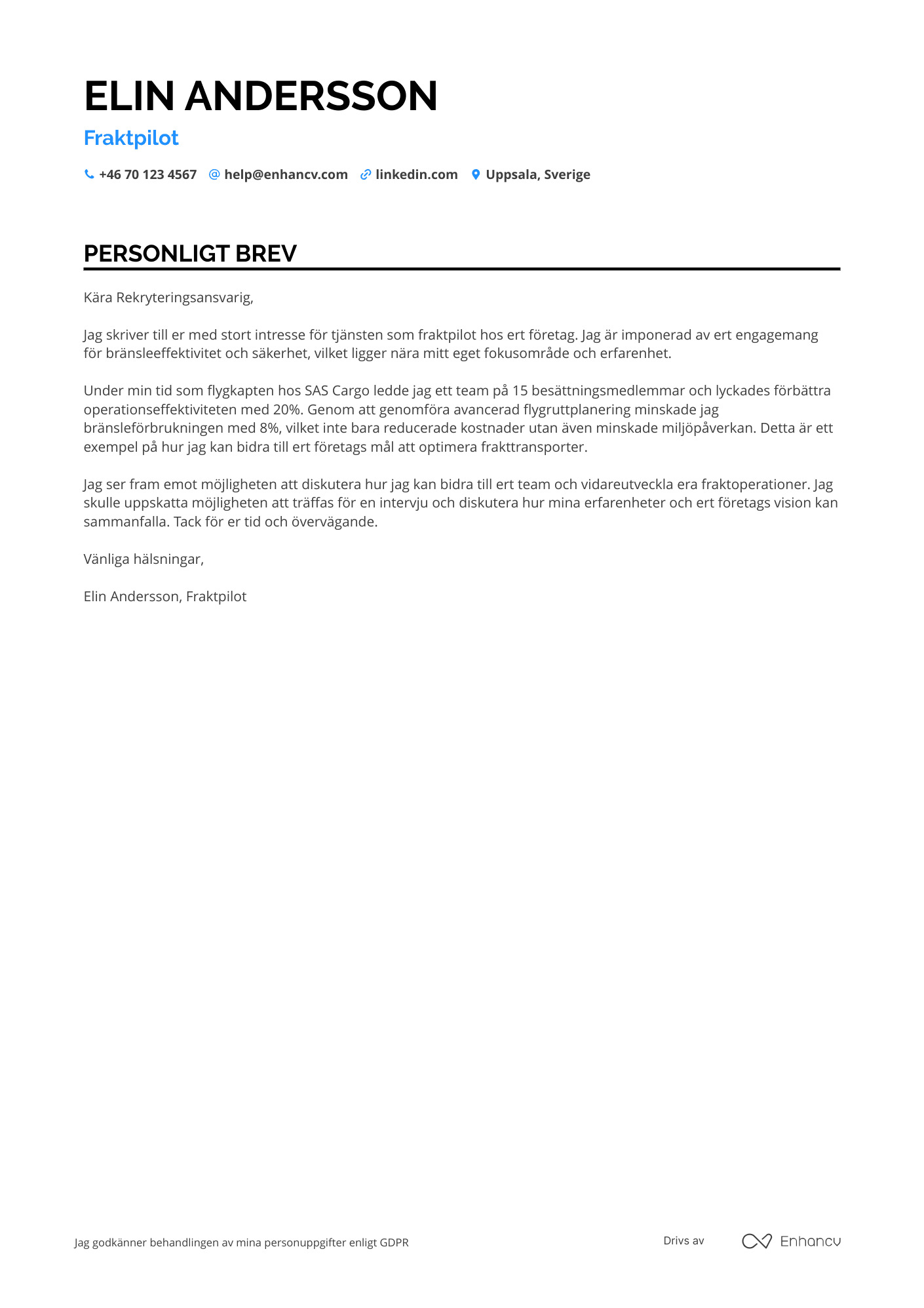Personligt brev för Cargo Pilot