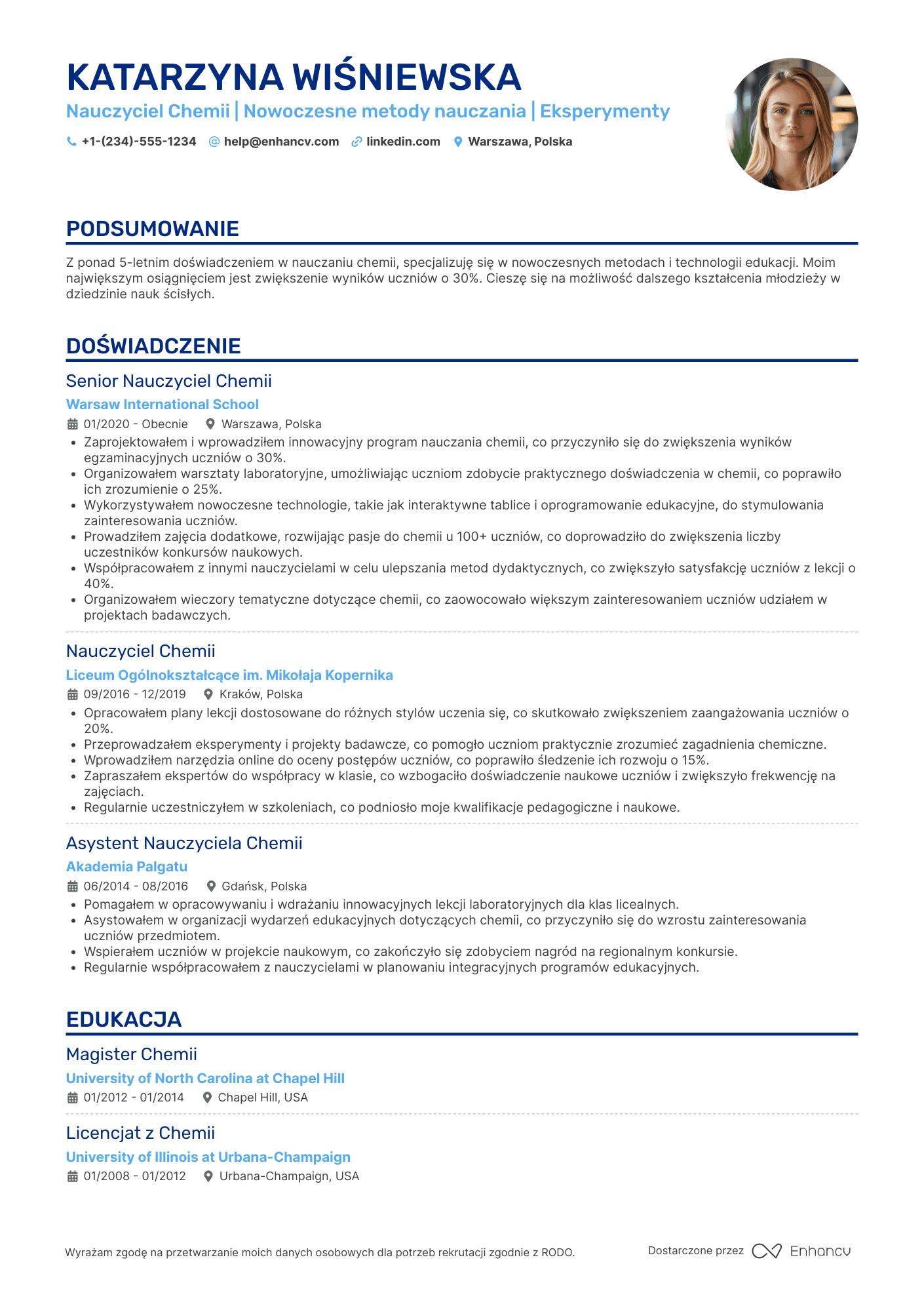 CV dla Nauczyciel Chemii