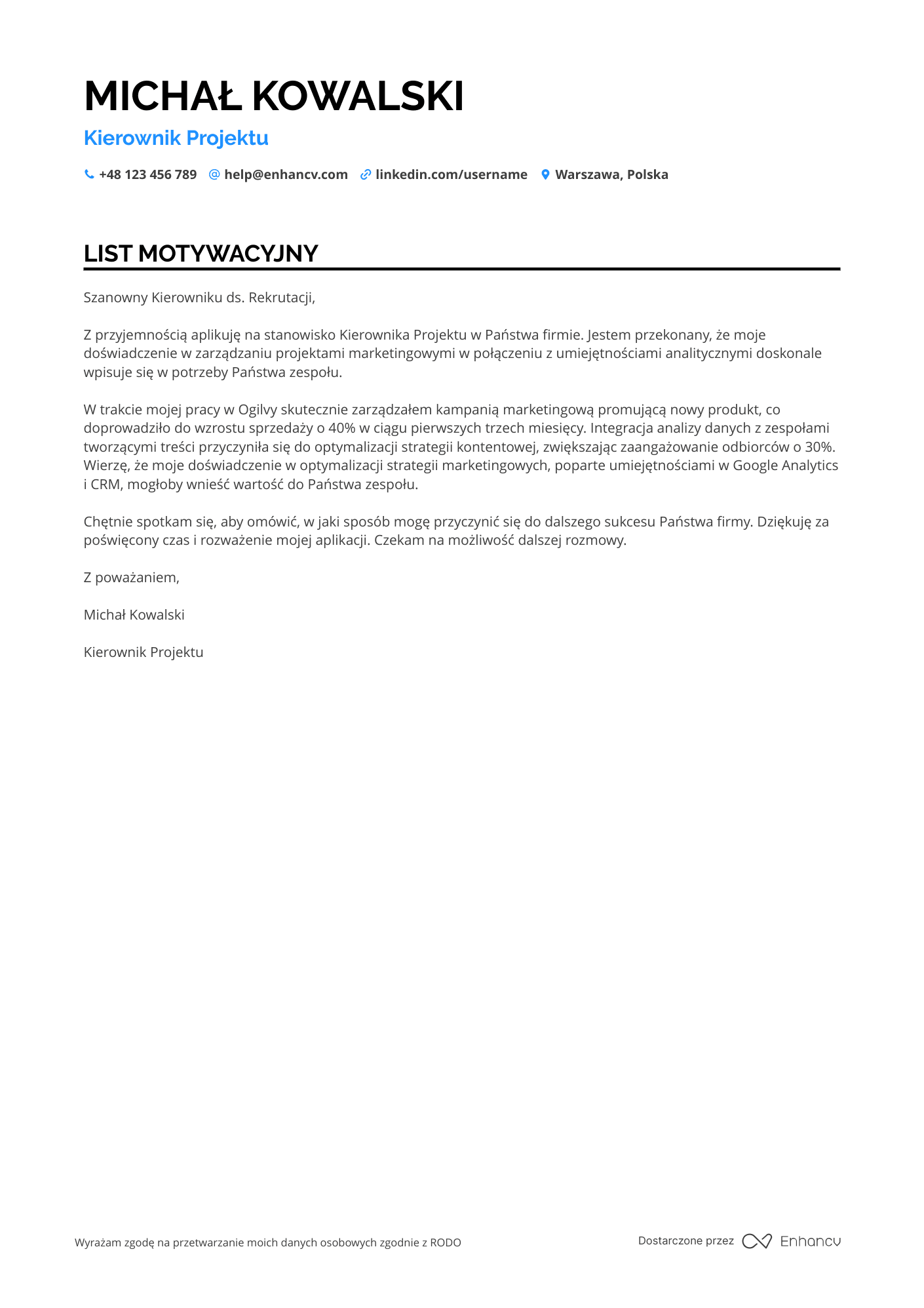 List motywacyjny dla Kierownik Projektu Marketingowego