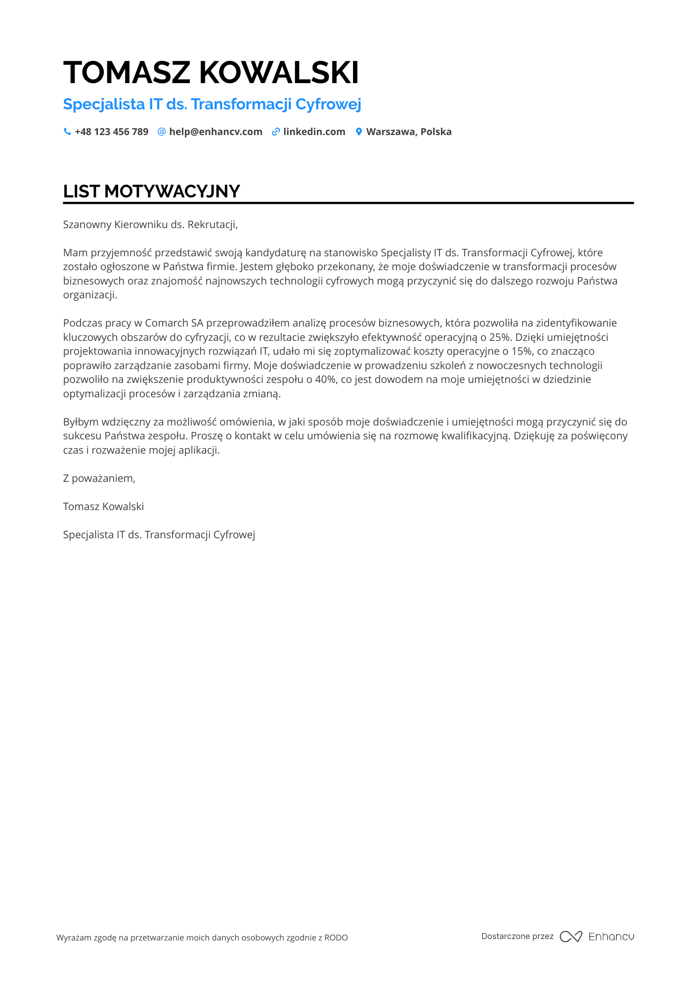 List motywacyjny dla Specjalista IT ds. Transformacji Cyfrowej