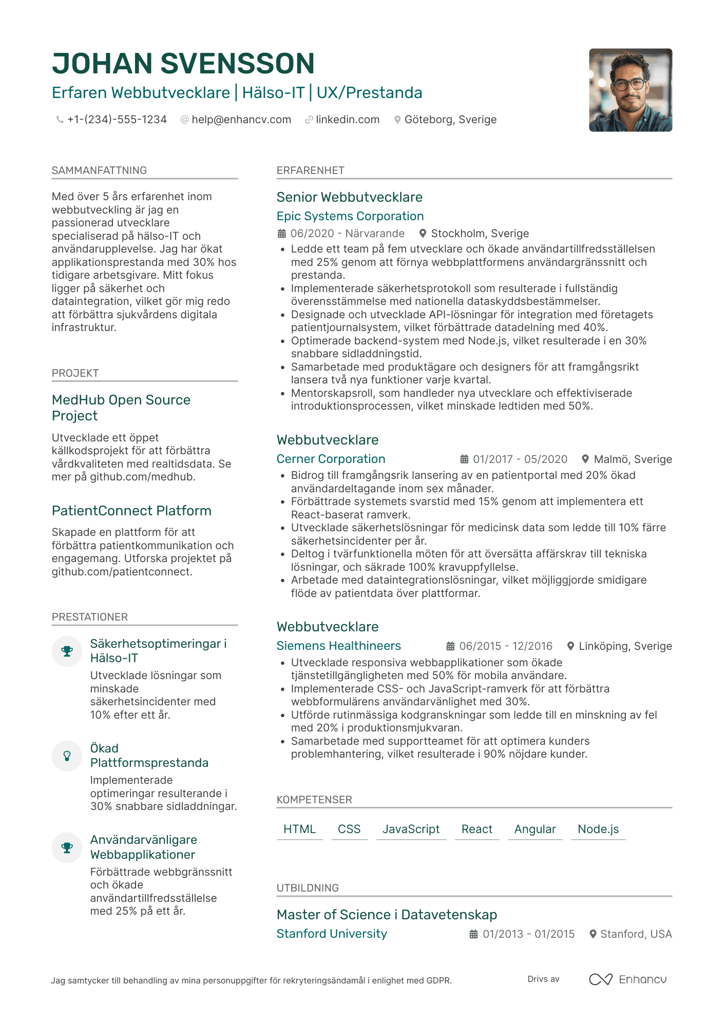 CV för Webbutvecklare inom Sjukvård