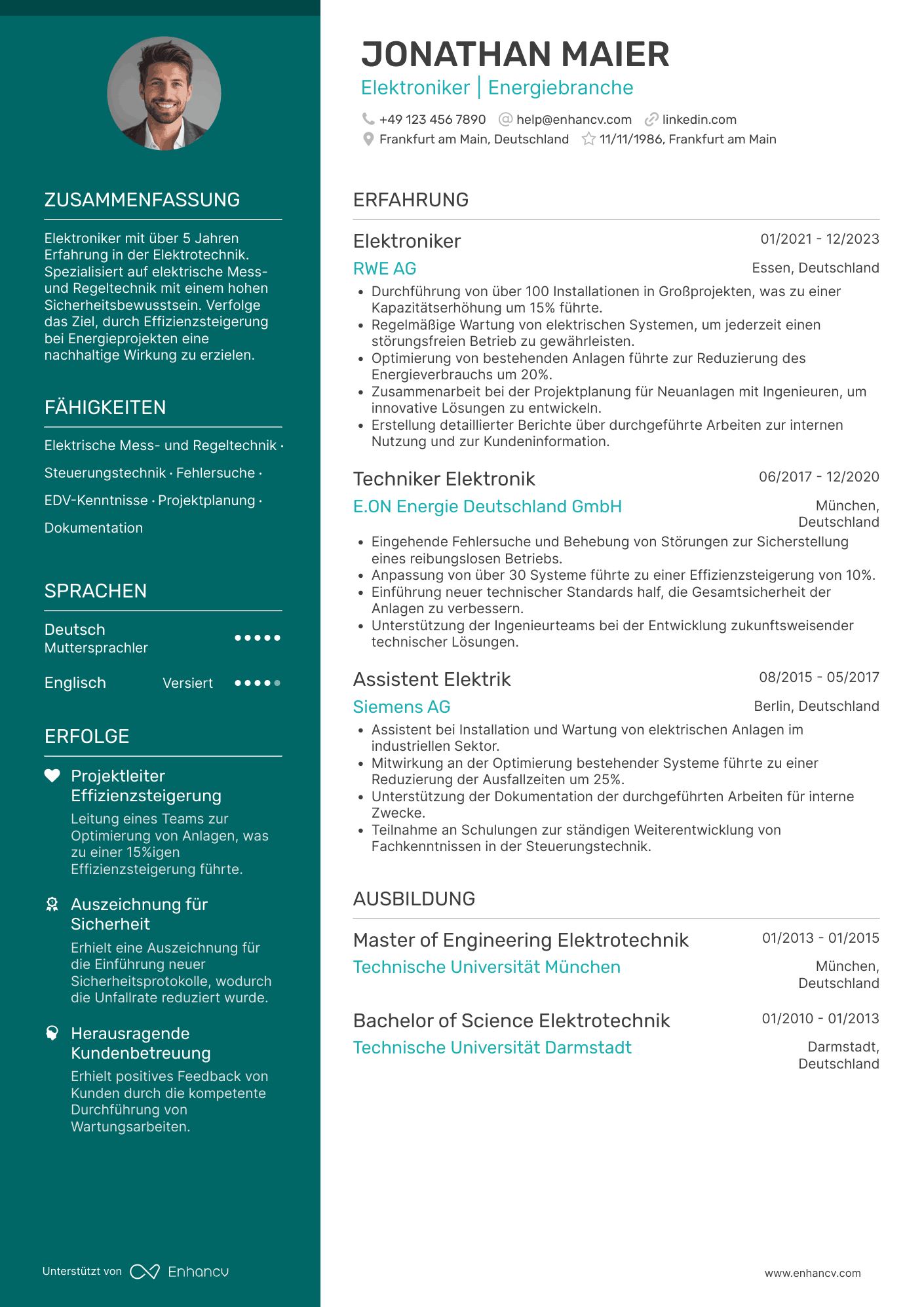 Lebenslauf in Elektroniker in der Energiebranche