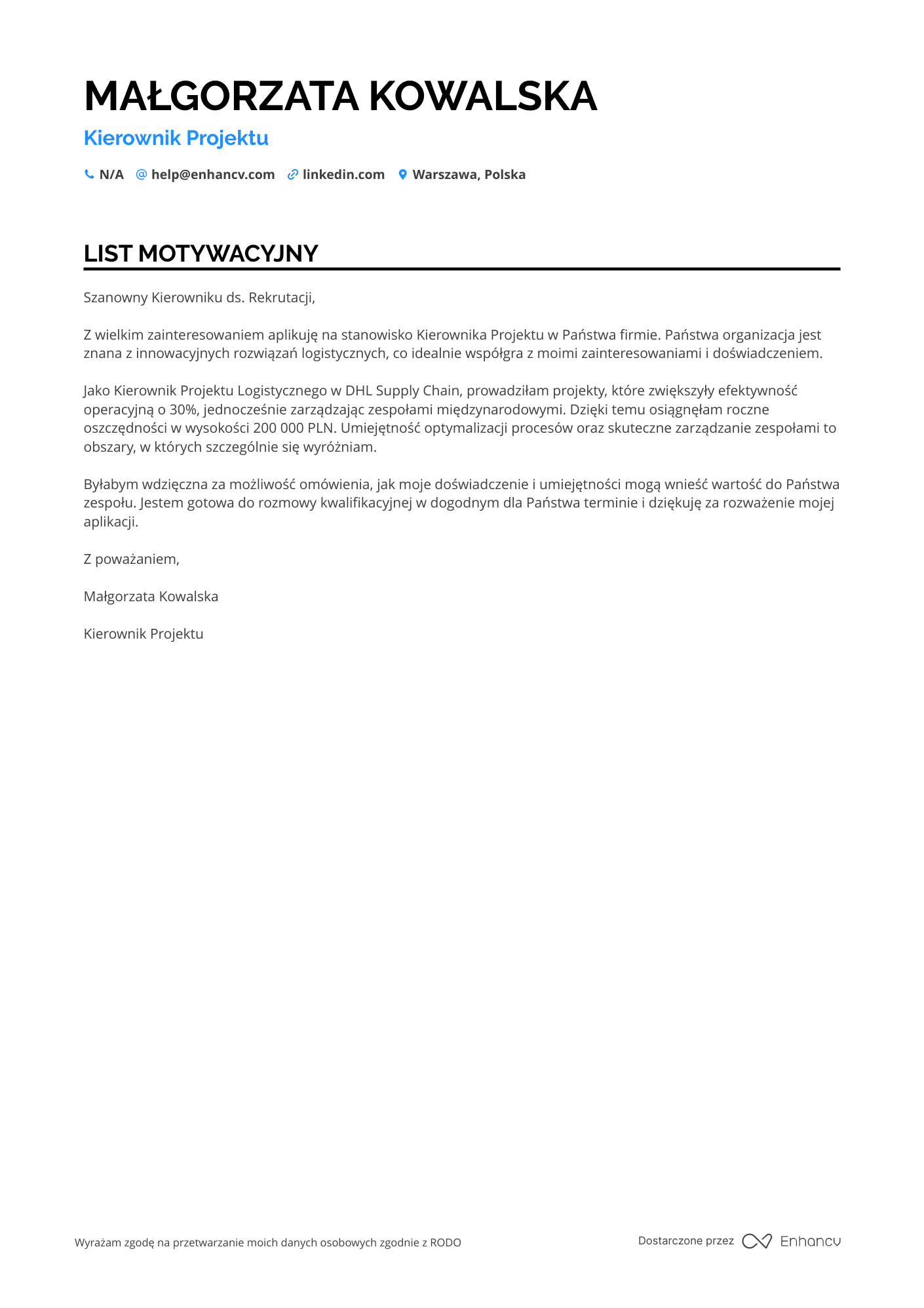 List motywacyjny dla Kierownik Projektu Logistycznego