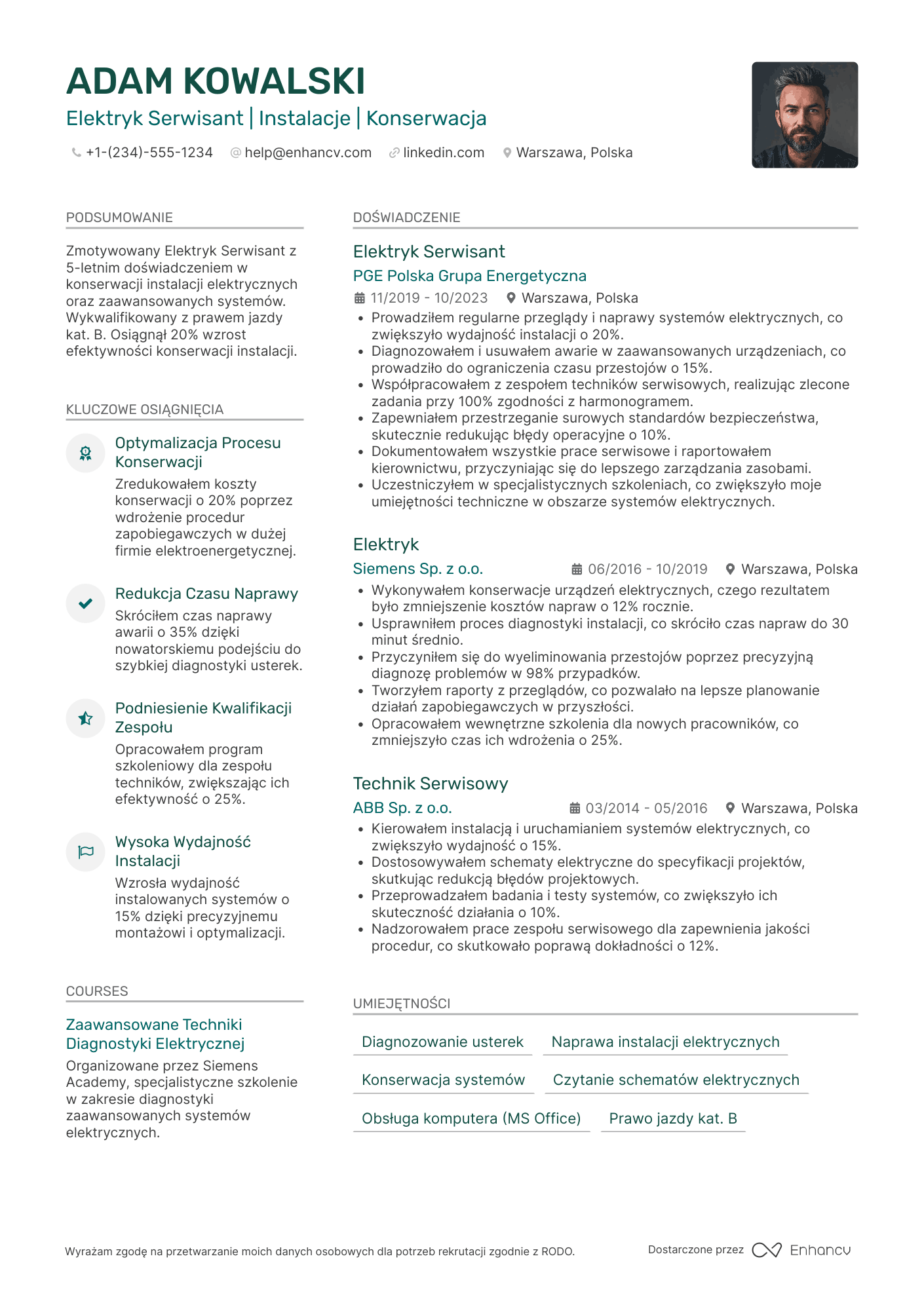 CV dla Elektryk Serwisant