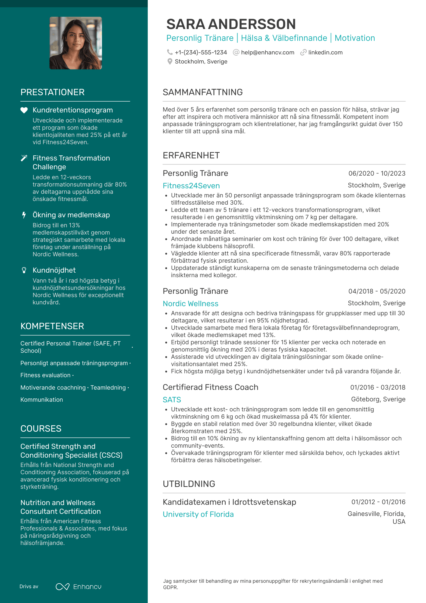 CV för Freelance Personlig Tränare