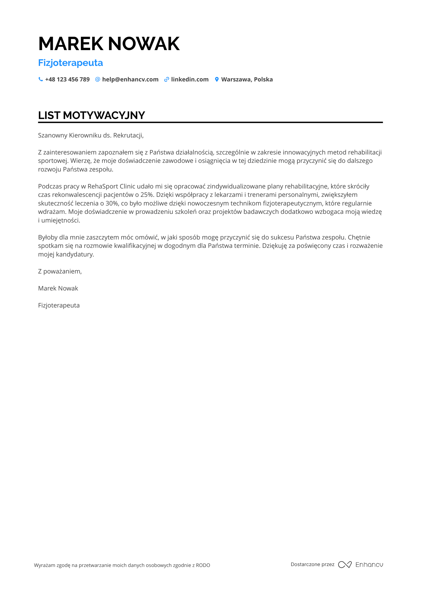 List motywacyjny dla Fizjoterapeuta w Klinice Sportowej