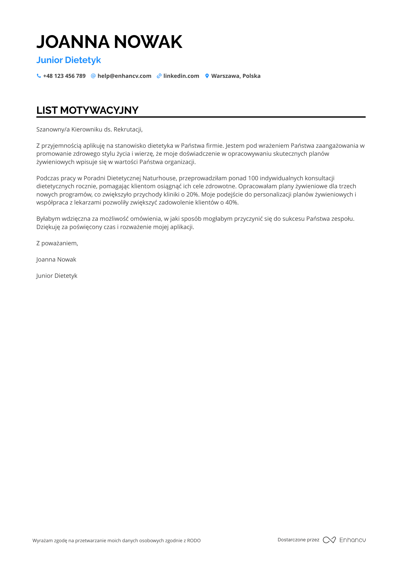 List motywacyjny dla Junior Dietetyk