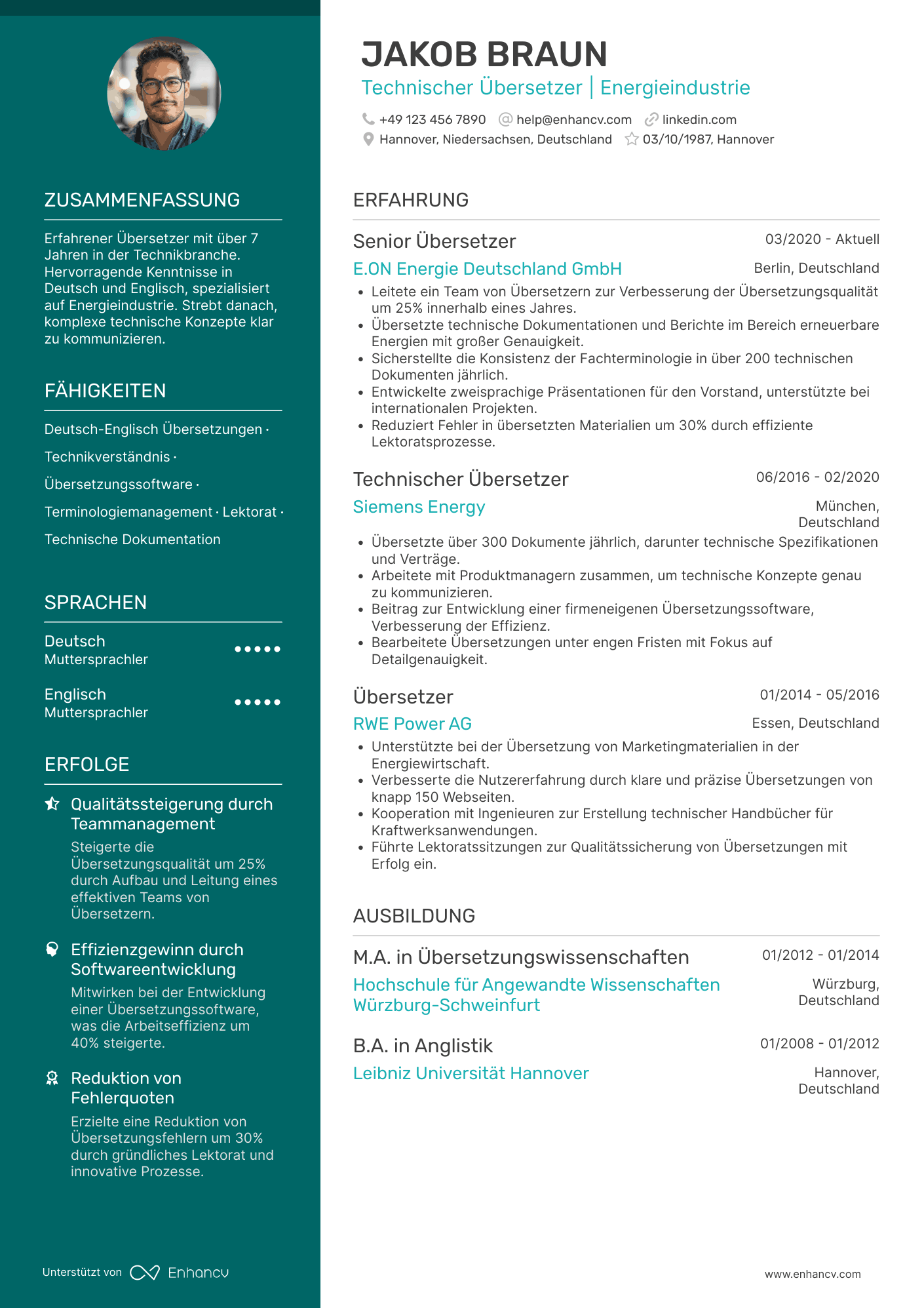 Lebenslauf in Übersetzer für die Energieindustrie
