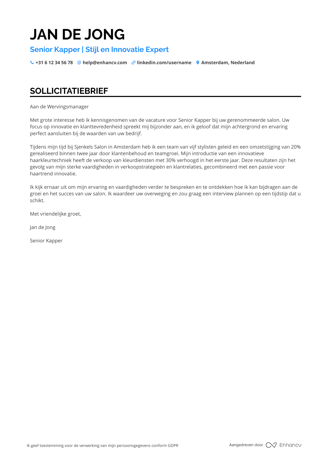 Sollicitatiebrief voor Senior Kapper