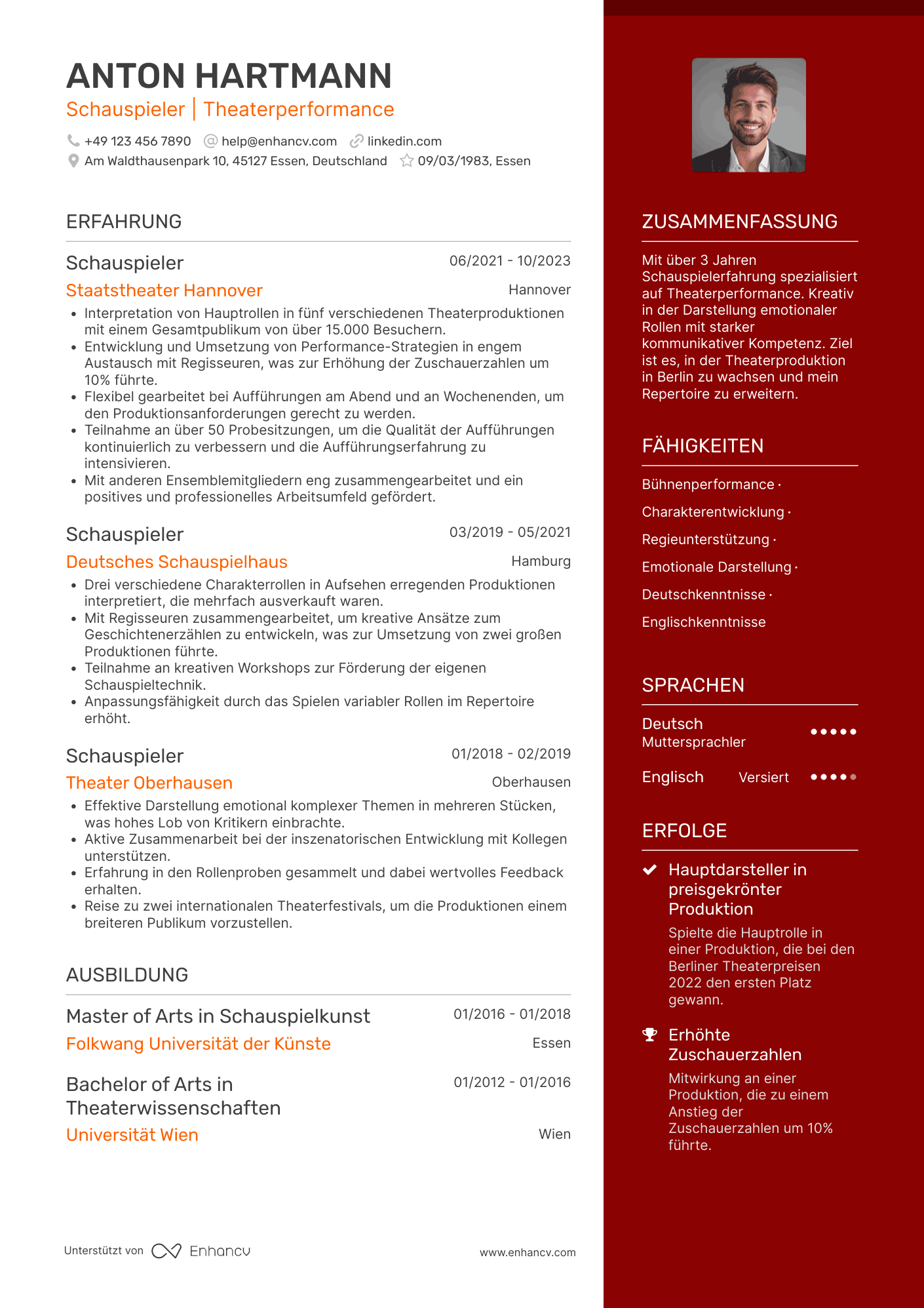 Lebenslauf in Theaterindustrie Schauspieler